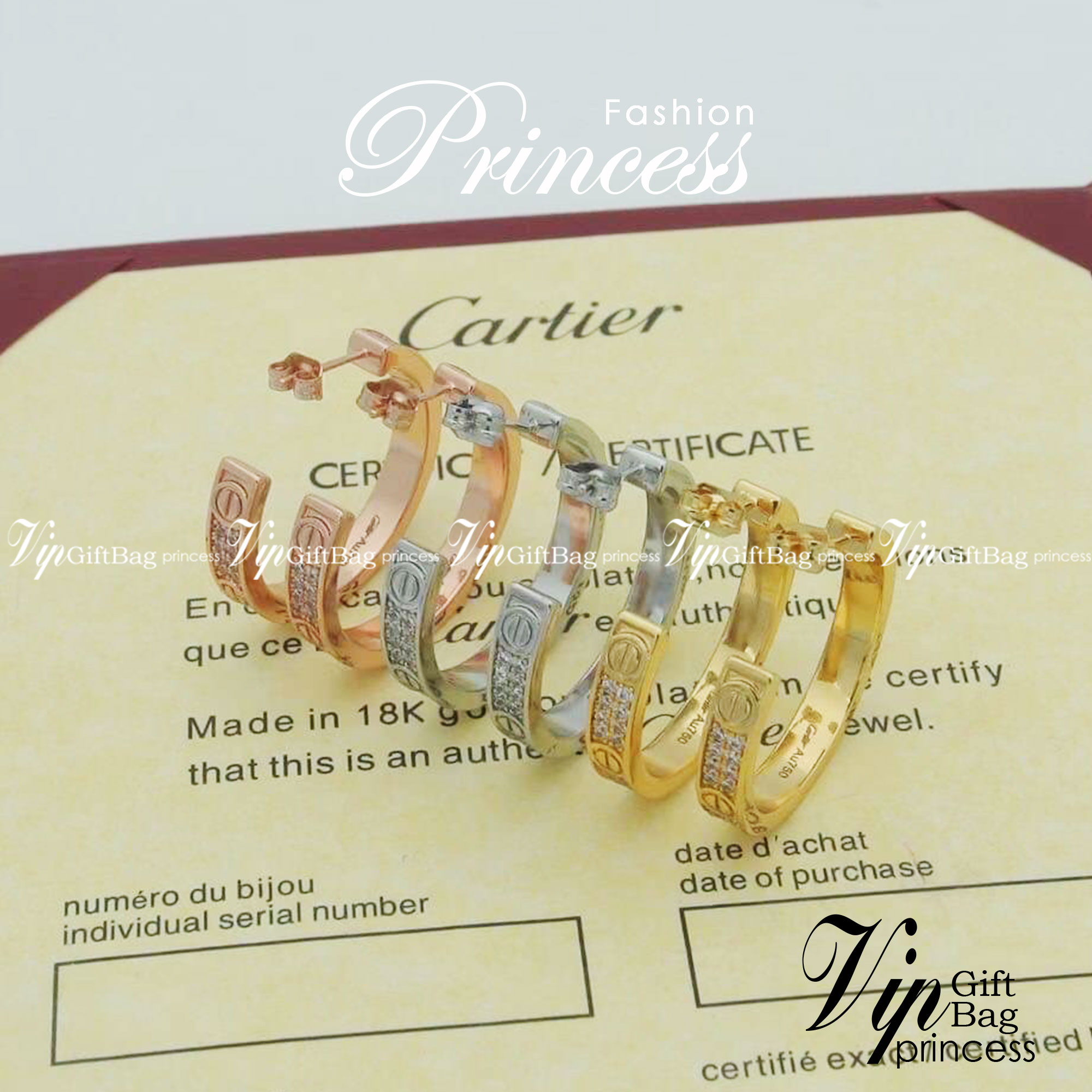 CARTIER Earrings ต่างหูคาเทียร์ รุ่นมีเพชร ภาพถ่ายจากงานจริง วัสดุโลหะเคลือบขึ้นเงาตามรูป ใช้งานต่างประเทศได้