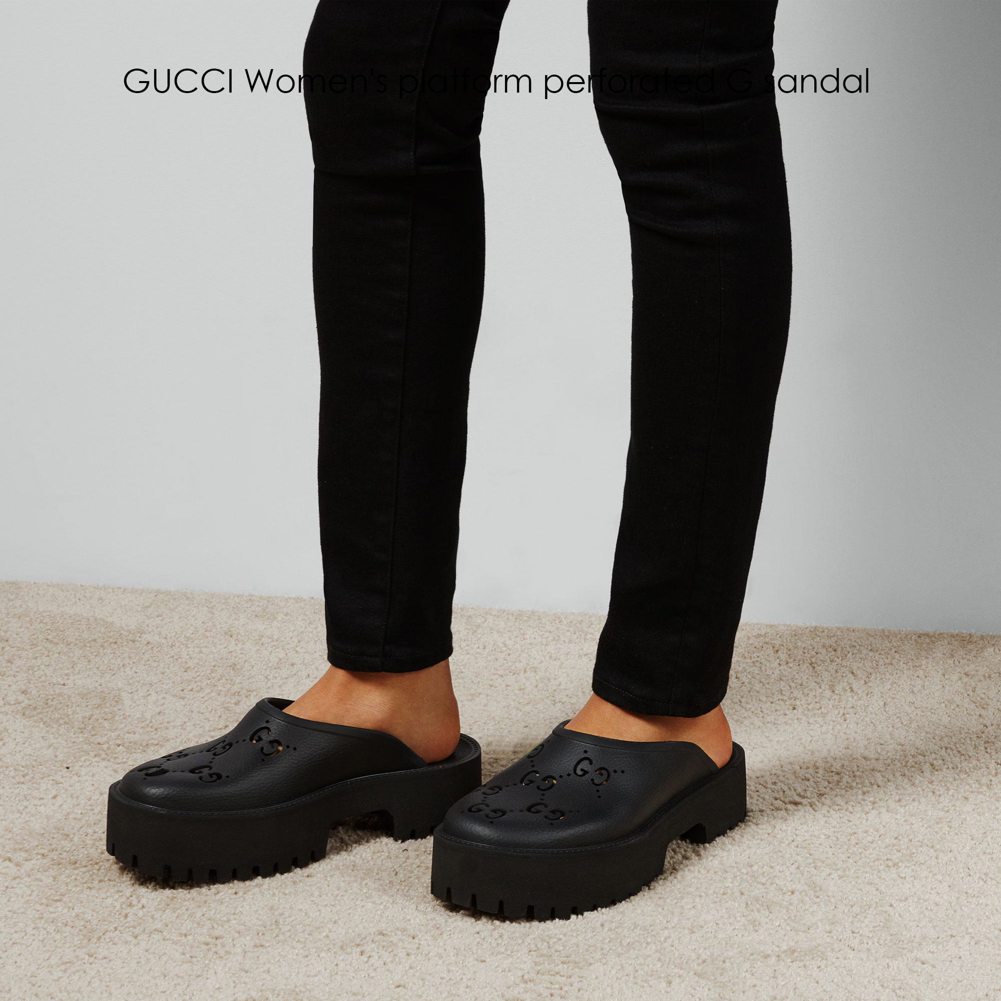 GUCCI Women's platform perforated G sandal รองเท้าแตะกุชชี่พื้นหนา 5cm รุ่นยอดนิยม ยางคุณภาพฉลุลาย GG ยางมีความยืดหยุ่นเนื้อนิ่มไม่แข็งกระด้าง