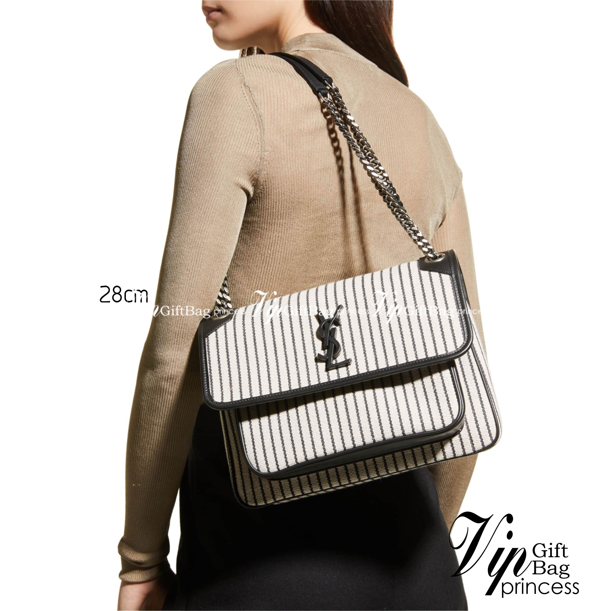 YSL Niki Medium Striped Canvas Shoulder Bag / YSL Niki Striped / YSL NIKI MEDIUM CHAIN BAG IN CANVAS เกรดเทพ ออริจินอล งานหนังแท้และผ้าแคนวาสอย่างดี ภาพถ่ายจากงานขายจริง ใช้งานต่างประเทศได้