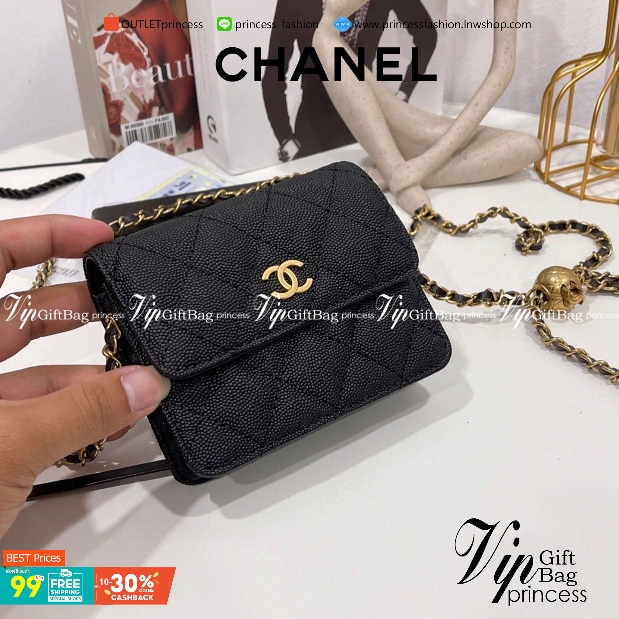 VIP 】CHANEL BLACK CAVIAR WALLET MINI BAG VIP GIFT WITH PURCHAS-GWP รุ่นยอดนิยมไอเท็มฮิตวัสดุหนังคาเวียร์สวยคลาสสิคเปิดปิดด้วยฝาปิดกระดุมด้านหน้ามีโลโก้แบรนด์อะไหล่ทองสวยหรูดูดีมาพร้อมสายโซ่ทองร้อยหนังจะสะพายไหล่ หรือ Crossbody ก็ดูดี ภายในมีโลโก้และช่องแบ