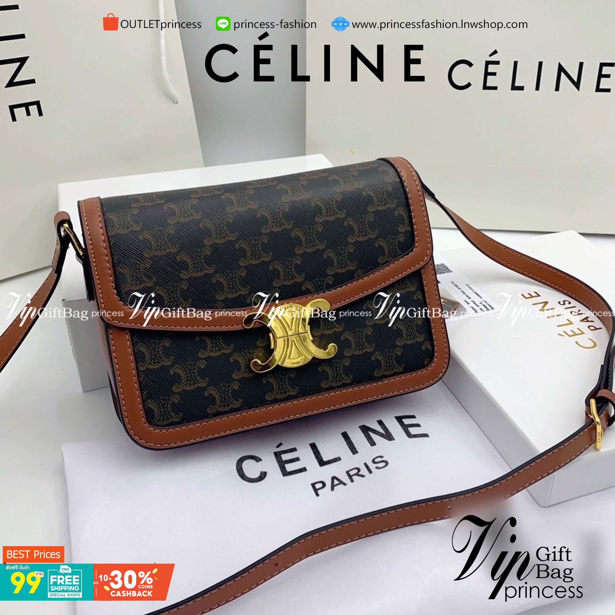 VIP 】𝗖𝗘𝗟𝗜𝗡𝗘 CROSSBODY VIP GIFT MEDIUM/TEEN TRIOMPHE BAG IN TRIOMPHE CANVAS AND CALFSKIN มี 2 ขนาด งานสวยอยู่ทรงเปิดปิดด้วยตัวล้อคด้านหน้า ภายในมีช่องใส่ของหลัก พร้อมช่องซิป ใส่กระเป๋าสตางค์กลาง + มือถือได้ ท