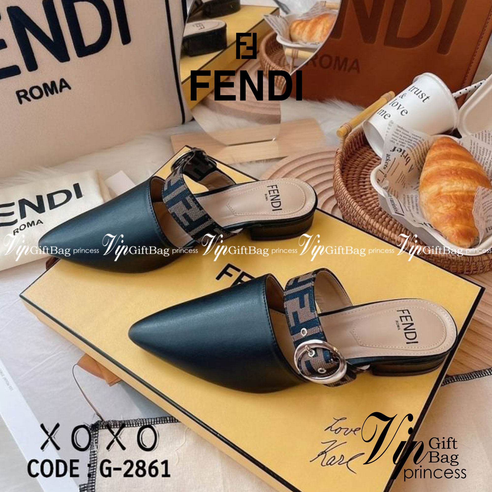 FENDI Mid Heel รองเท้างานสวม งานแบรนด์ หัวแหลม ใส่แล้วขาเรียวยาว แมทส์ชุดง่าน น้ำหนักเบา มีส้นเล็กน้อย กำลังใส่สบาย (ชนช้อป) วัสดุหนัง PU