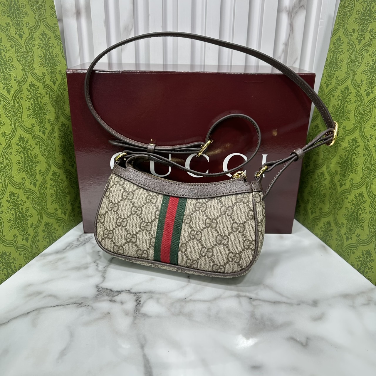 8" ORI หนังแท้ | Gucci Ophidia mini shoulder bag GG Monogram Double G / Gucci Hobo Bag กระเป๋าสะพายทรงโฮโบขนาดมินิ