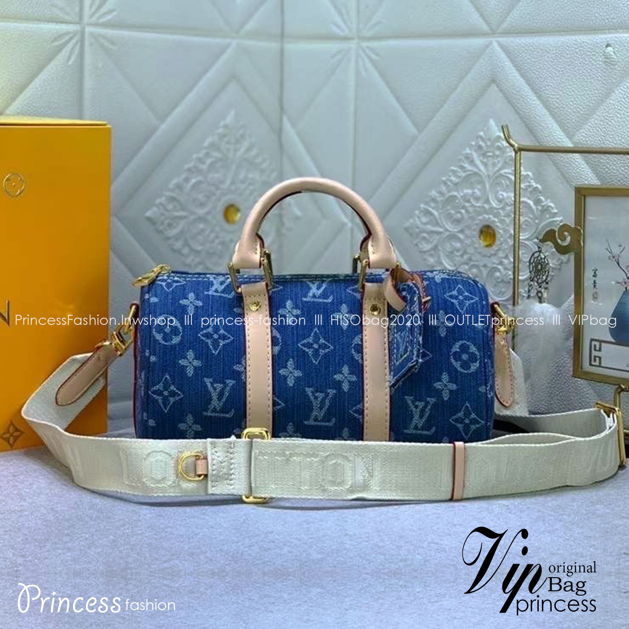 LV Keepall Bandouliere 25 Monogram Denim Canvas กระเป๋าสะพายใบเล็กเดนิมสุดเท่สายสปอร์ต เกรดออริ 1:1 ใช้งานต่างประเทศได้
