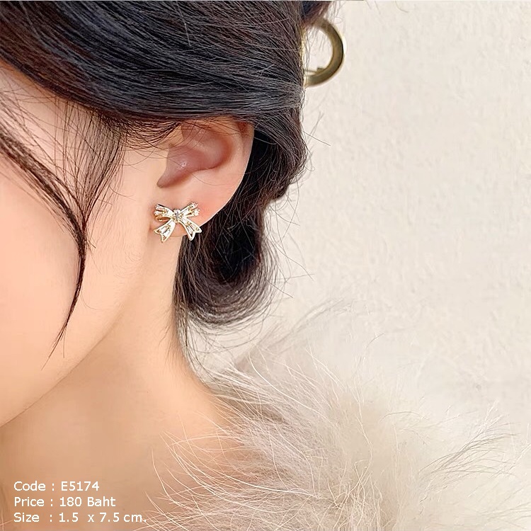 ต่างหูโบว์สีทองฝังเพชร cz ห้อยโซ่ยาว แยกใส่เฉพาะโบว์ได้