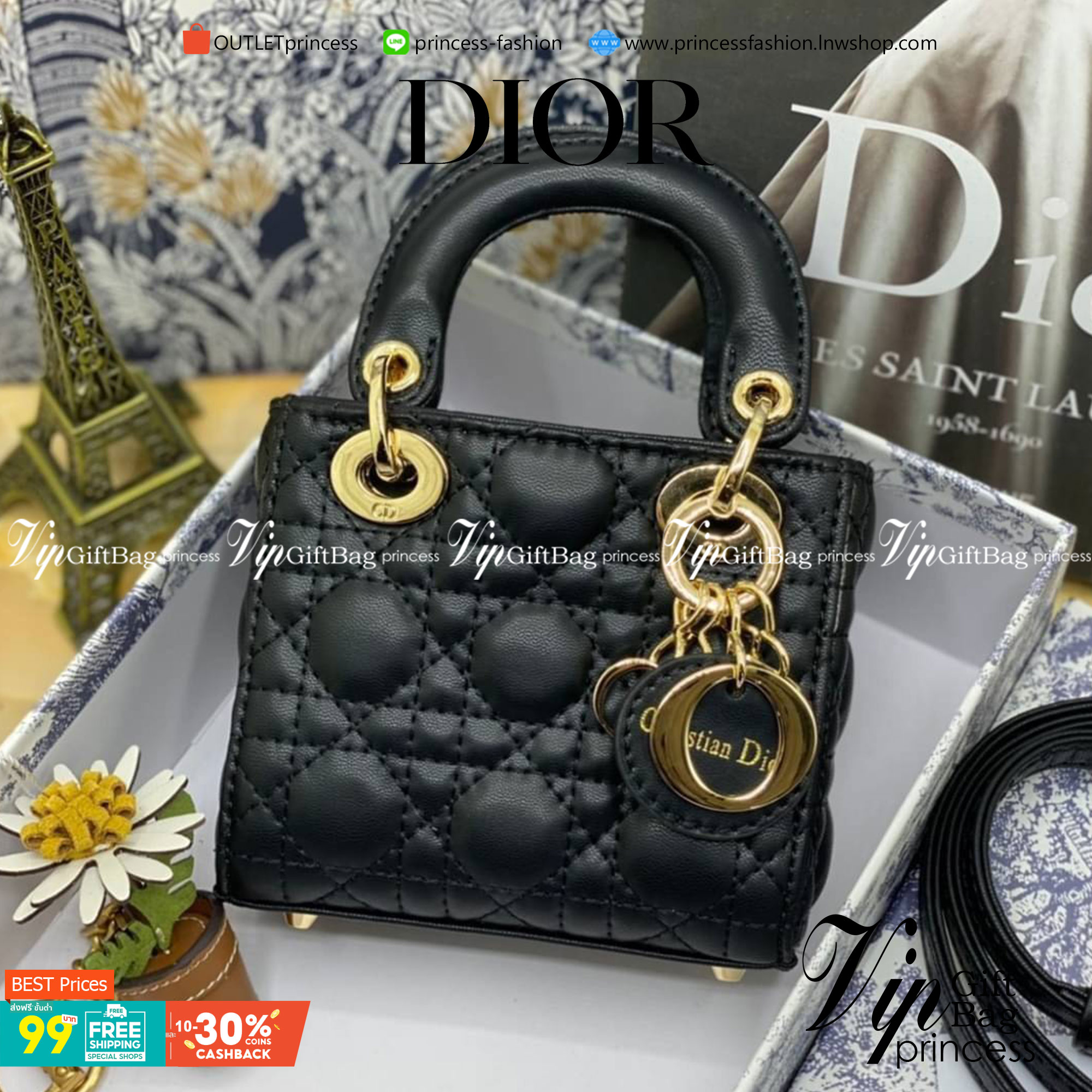 VIP 】หนังแท้ CHRISTIAN DIOR MICRO LADY DIOR BAG Cannage Lambskin