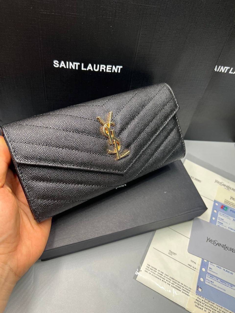 ORI หนังแท้ | YSL CASSANDRE MATELASSE large flap wallet / YSL Long Wallet กระเป๋าสตางค์ใบยาวแบบมีฝาปิดกระดุมแป๊ก