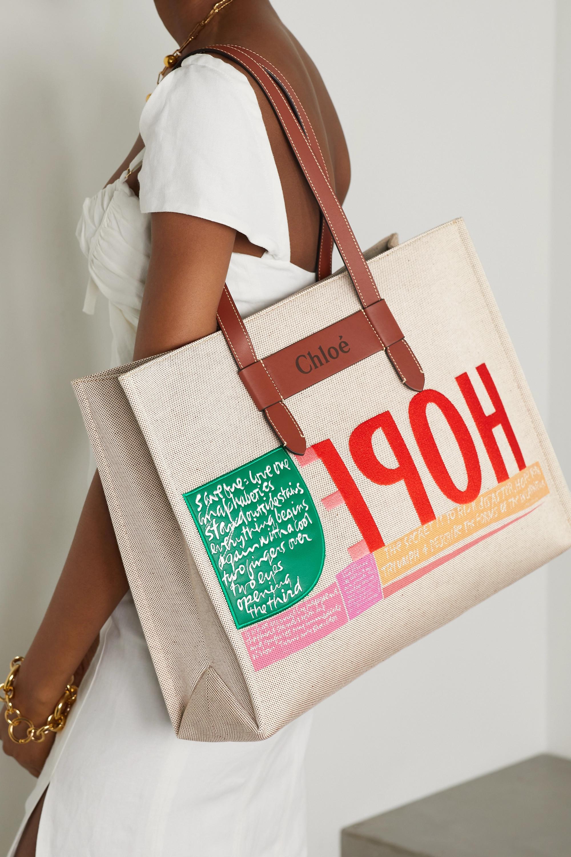Large: CHLOÉ Woody large leather-trimmed cotton-canvas tote corita kent tote 14” canvas