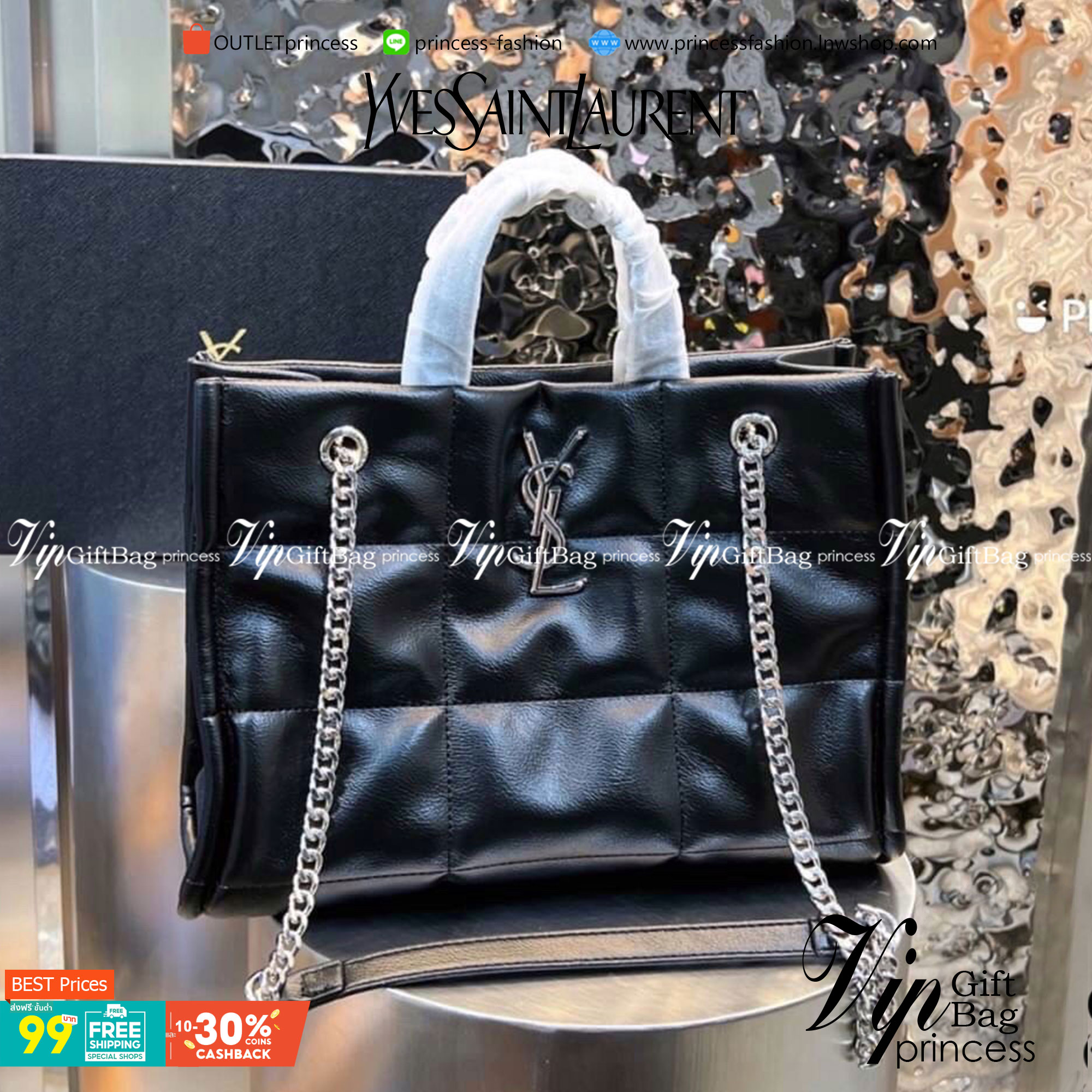 VIP 】YSL SAINT LAURENT shoulder bag Silver Tone กระเป๋าสะพายทรงชอปปิ้ง มาพร้อมสายโซ่เงิน วัสดุหนังแท้ Calfskin ขึ้นเงาสวย ภายในโล่งกว้าง พร้อมส่งที่ไทยราคาสุดคุ้ม