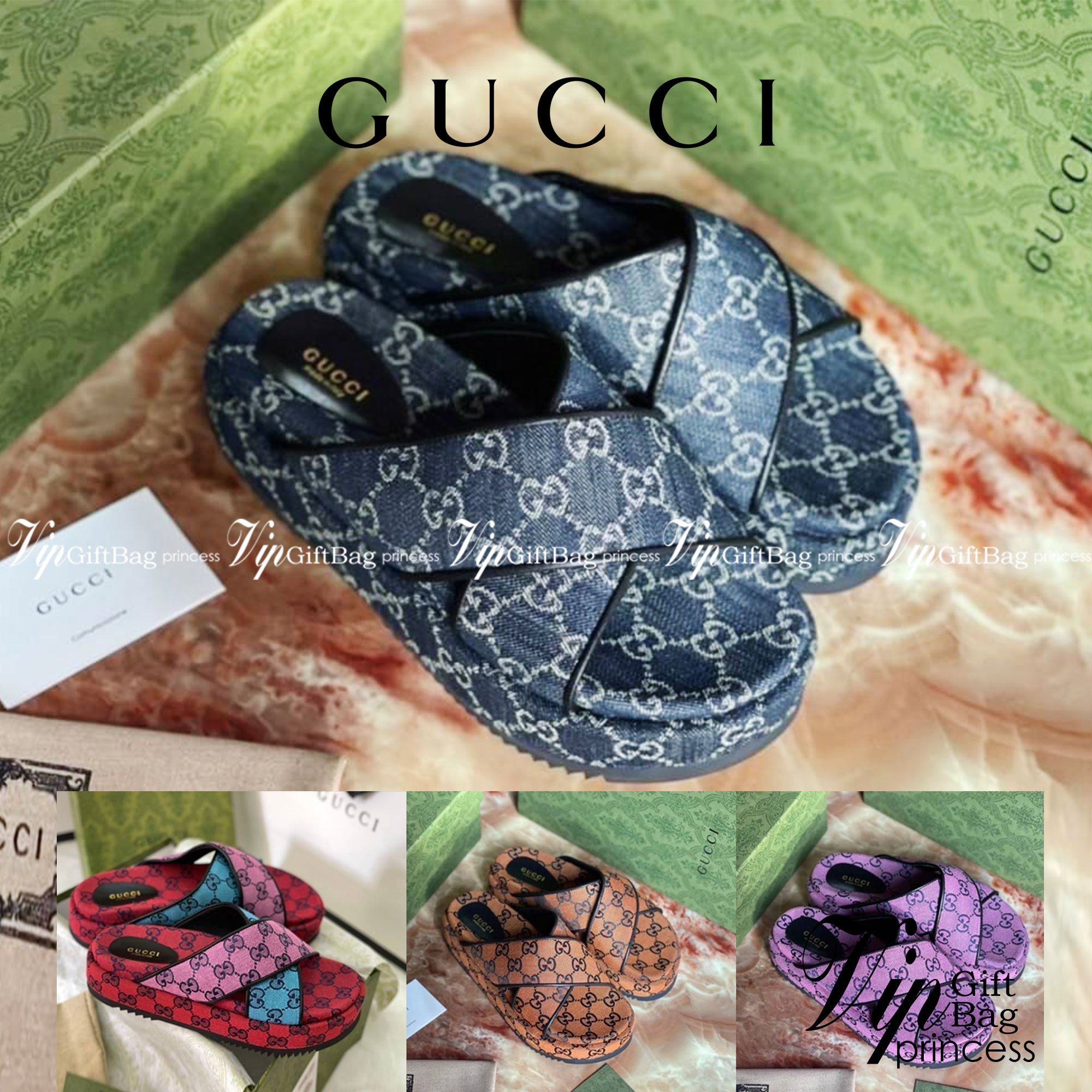 หนังแท้ GUCCI Denim Sandals / GG jacquard organic denim platform sandals / GG Shoes พร้อมส่งที่ไทย รองเท้าผ้าเดนิมเกรดเทพออริจินอล ภาพสินค้าถ่ายจากงานขายจริง ใช้งานต่างประเทศได้ค่ะ