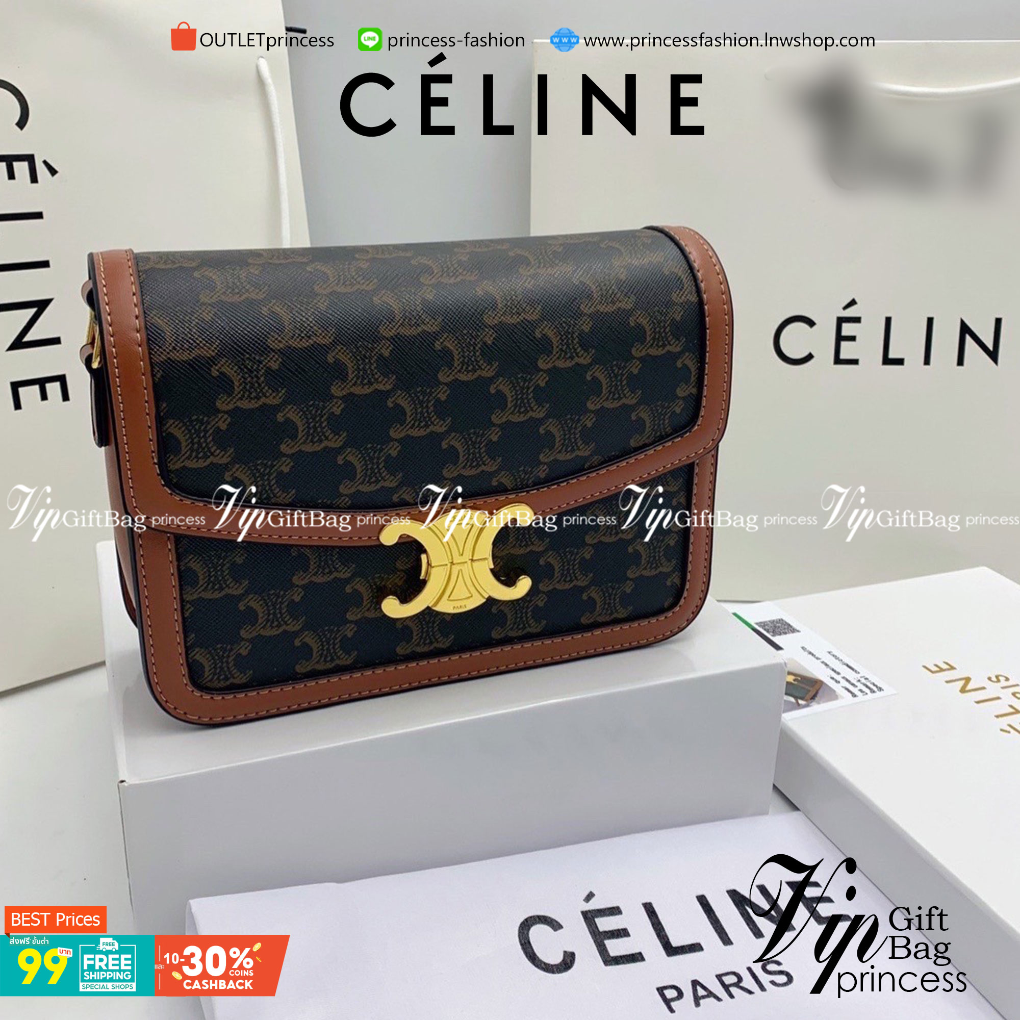 VIP 】𝗖𝗘𝗟𝗜𝗡𝗘 CROSSBODY VIP GIFT MEDIUM/TEEN TRIOMPHE BAG IN TRIOMPHE CANVAS AND CALFSKIN มี 2 ขนาด งานสวยอยู่ทรงเปิดปิดด้วยตัวล้อคด้านหน้า ภายในมีช่องใส่ของหลัก พร้อมช่องซิป ใส่กระเป๋าสตางค์กลาง + มือถือได้ ท