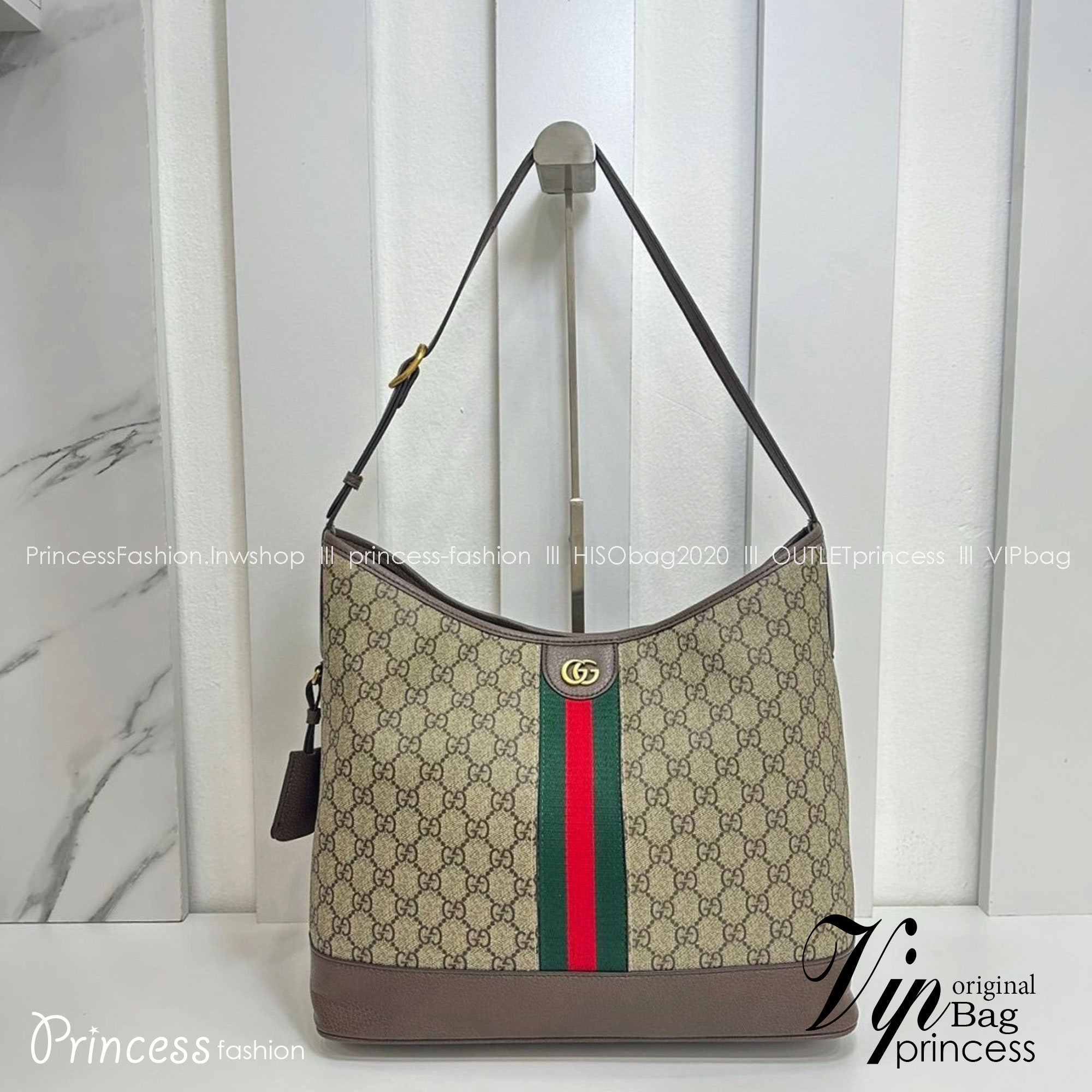 13" GUCCI OPHIDIA GG MEDIUM SHOULDER BAG Beige and ebony GG Supreme canvas Brown leather trim กระเป๋าสะพายไหล่ อะไหล่ทองหรูหรา