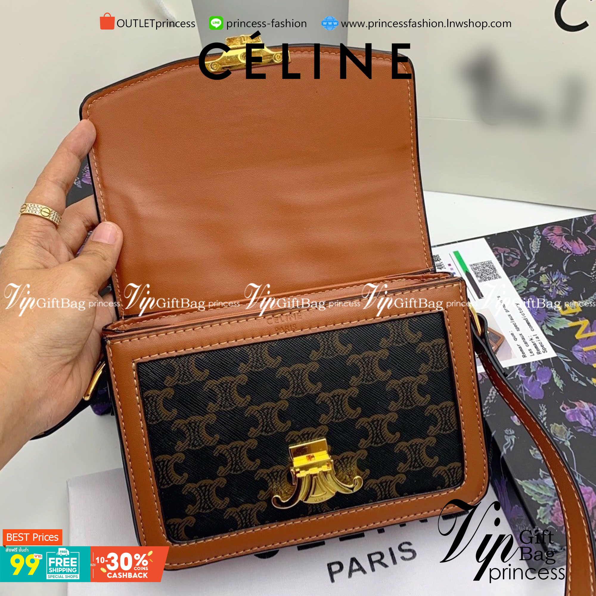 VIP 】𝗖𝗘𝗟𝗜𝗡𝗘 CROSSBODY VIP GIFT MEDIUM/TEEN TRIOMPHE BAG IN TRIOMPHE CANVAS AND CALFSKIN มี 2 ขนาด งานสวยอยู่ทรงเปิดปิดด้วยตัวล้อคด้านหน้า ภายในมีช่องใส่ของหลัก พร้อมช่องซิป ใส่กระเป๋าสตางค์กลาง + มือถือได้ ท