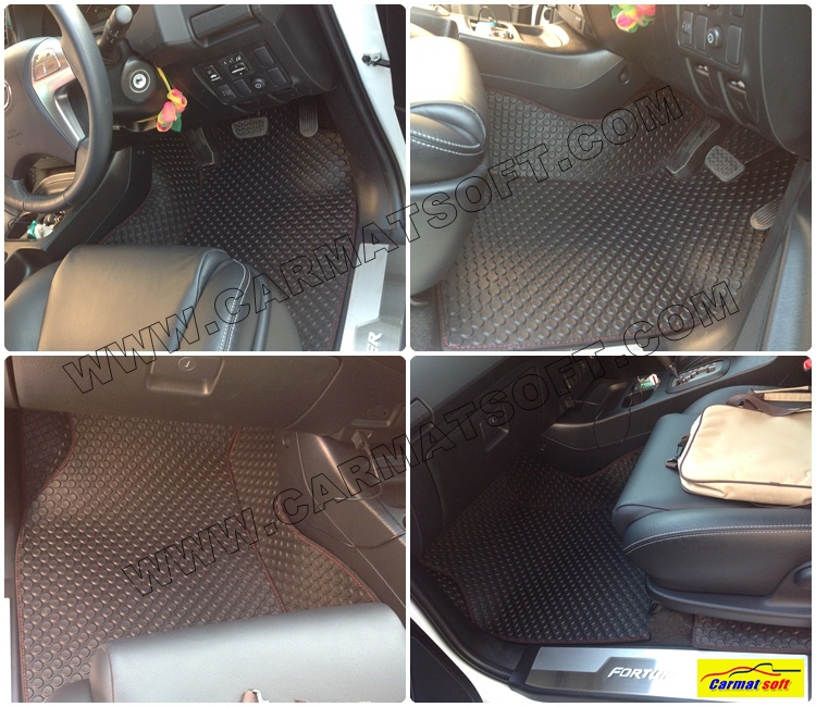 พรมปูพื้นรถยนต์ Toyota Fortuner 2005-14 ลายกระดุม สีดำด้ายแดง เต็มคัน