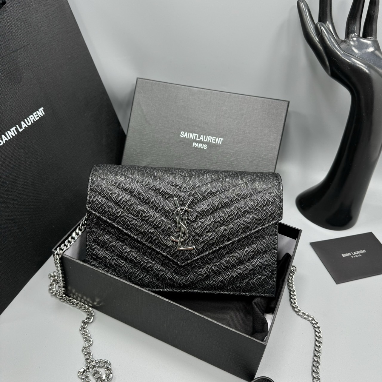 YSL Envelope WOC 7.5 Wallet on chain / YSL Clutch Bag 7.5" กระเป๋าสะพายรุ่นยอดนิยม เกรดหนังคาเวียร์สวยเต็มใบ เกรดออริ 1:1 ใช้งานต่างประเทศได้