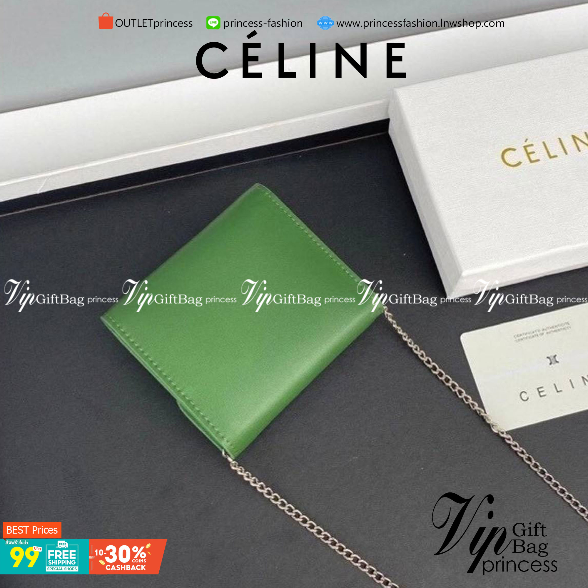สีใหม่พร้อมส่ง! สีเขียวเหนี่ยวทรัพย์! และสีดำสุดคลาสสิค CELINE SHORT WALLET VIP GIFT WITH PURCHASE (GWP) หนังเรียบสวยอยู่ทรงมีโลโก้ด้านหน้าเปิดปิดด้วยฝาพับกระดุม ภายในมีช่องแบ่งหลายช่อง มีช่องใส่บัตรหลายช่อง ช่องใส่เหรียญ ช่องใส่ธนบัตร ใส่แบงก์พันได้เหมือ