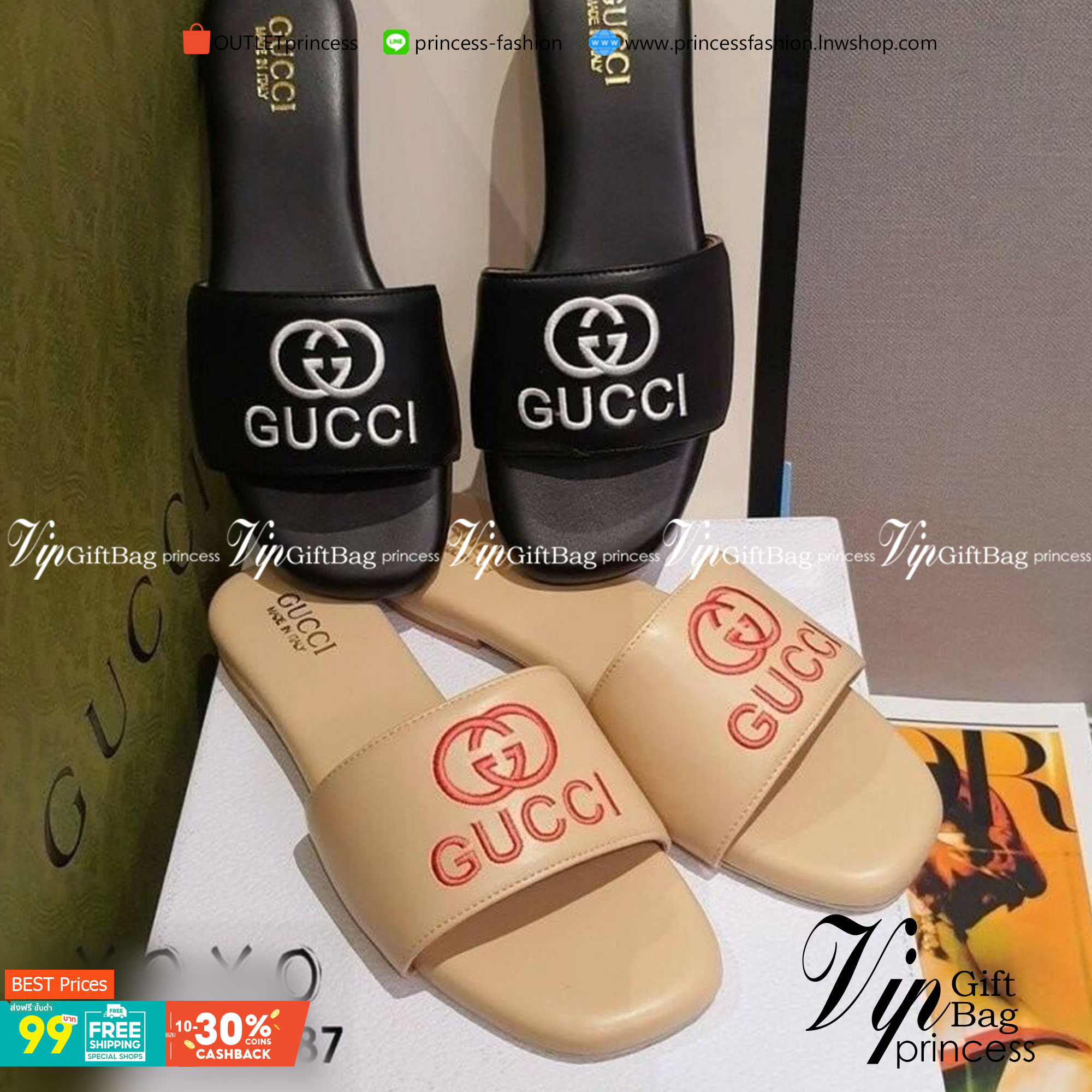 Gucci แตะสวม พื้นฟองน้ำนุ่มมาก สายคาดด้านบนรองซับกำมะหยี พร้อมโลโก้แบรนด์งานปัก ใส่สบาย น้ำหนักเบา แมส์ชุดง่าย