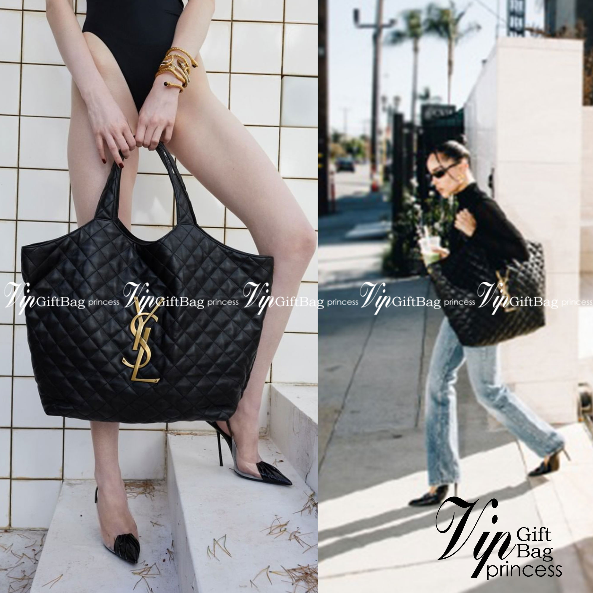 YSL icare maxi shopping bag in quilted lambskin / YSL tote bag กระเป๋าไซส์ใหญ่ พร้อมใบเล็ก หนังบุนิ่มเย็บลายตาข่าย (Quilted Bag) ดีไซน์คล้ายตะกร้าช็อปปิ้ง โฉบเฉี่ยวกว่าหลายระดับด้วยการประดับฮาร์ดแวร์ทองเหลืองในตัวอักษร YSL บนหนังสีดำสร้างความสะดุดตา มอบสไ