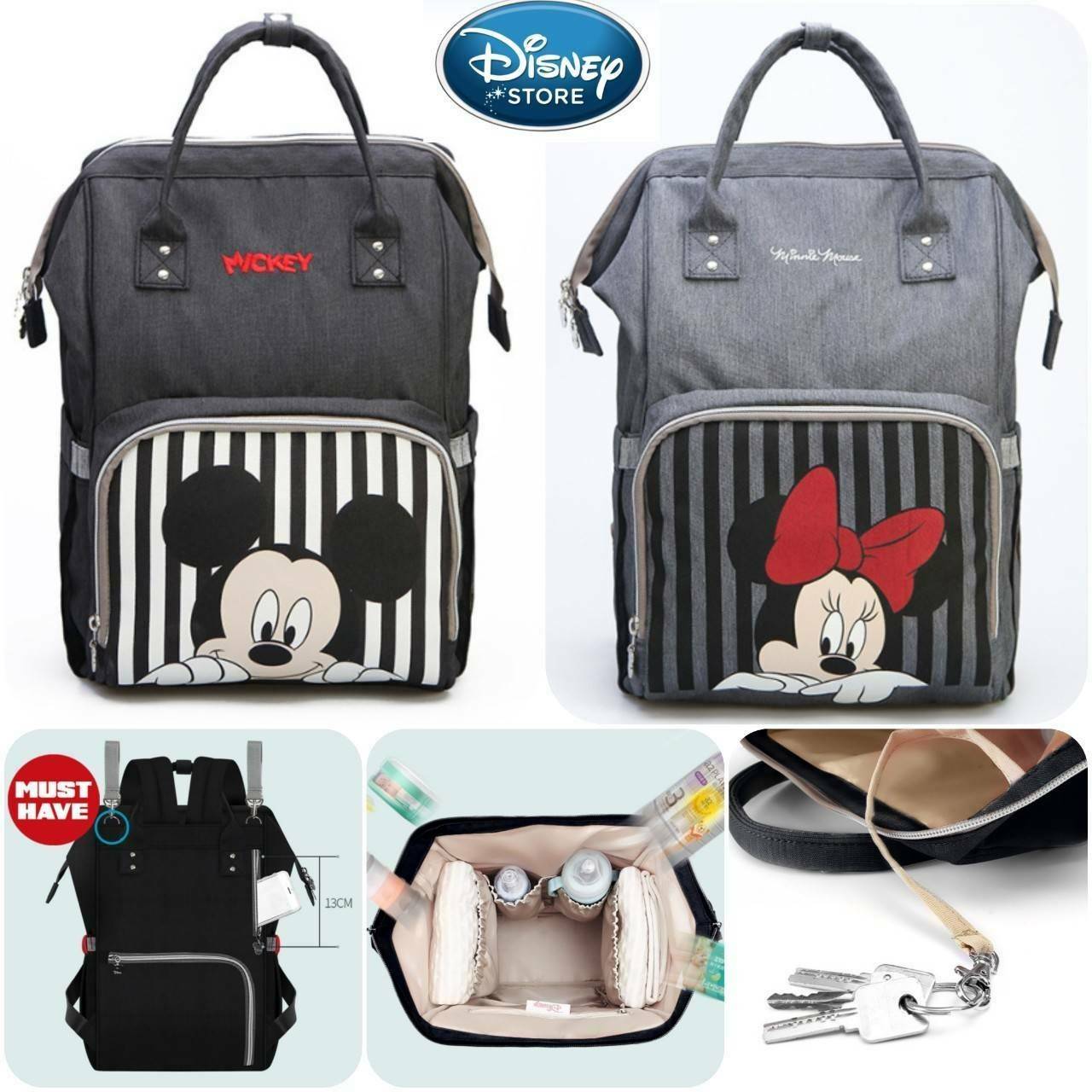 Disney Collection Rucksack (L) กระเป๋าสะพายเป้คอลเลคชั่นดิสนีย์ใบใหญ่กำลังดีน้ำหนักเบาวัสดุ Nylon & Polyester 100% ทำความสะอาดง่าย ด้านหน้ามีโลโก้และช่องซิป พิมพ์ลายมิกกี้/มินนี่โดดเด่น มี Pocket ใส่ขวดน้ำซ้ายขวา ด้านหลังมีช่องซิปสะดวกใช้หัวซิปแบรนด์ ภายใ