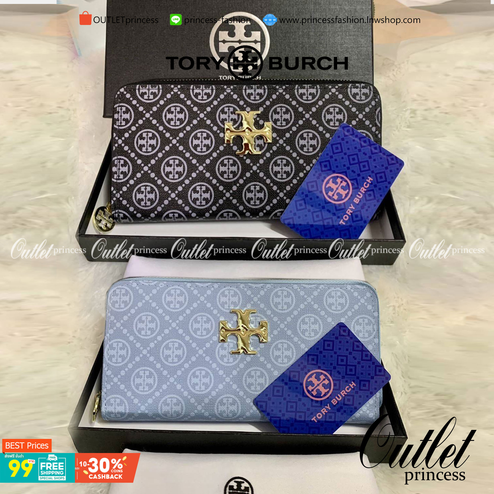กระเป๋าสตางค์ใบยาว TORY BURCH : Monogram Pattern วัสดุหนังแกะสังเคราะห์ลงเคลือบเพิ่มความเงาอีกชั้น อะไหล่สีทอง **แบบซิปรอบ เปิด - ปิด กระเป๋าด้วยซิปรอบ ด้านในแบ่งออกเป็น 3 Patation ตรงกลางเป็นซิปยาว มีช่องใส่บัตรได้ 8 ใบ หนังเงาสวย จับถนัดมือ พร้อมส่งให้ส