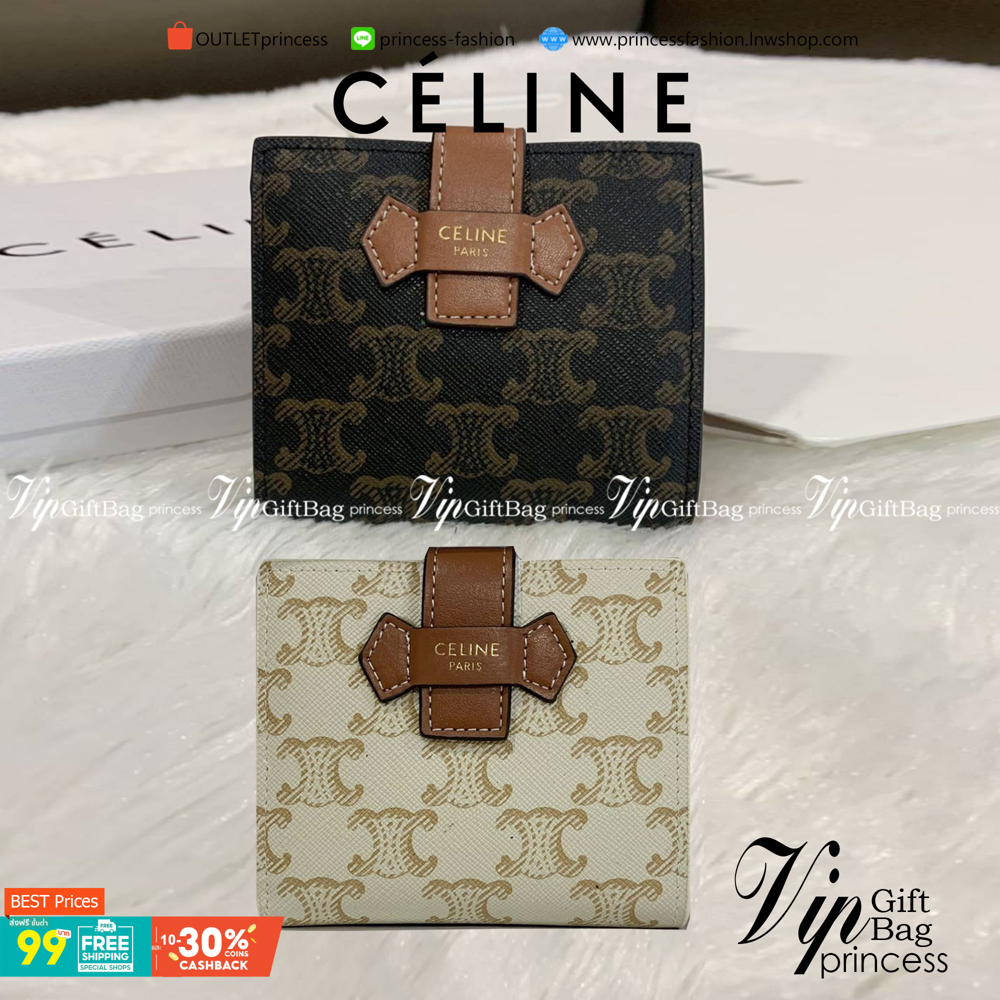 CELINE SHORT WALLET VIP GIFT WITH PURCHASE (GWP) พรีเมี่ยมกิ๊ฟ Limited จาก CELINE HAUTE PARFUME DUTYFREE COUNTER วัสดุ Triomphe Canvas หนังสวยอยู่ทรง ประดับโลโก้แบรนด์ที่ด้านหน้า ขนาดกำลังดี จับถนัดมือ เปิด-ปิดฝาพับกระดุม ภายในมีช่องแบ่งหลายช่อง มีช่องใส่