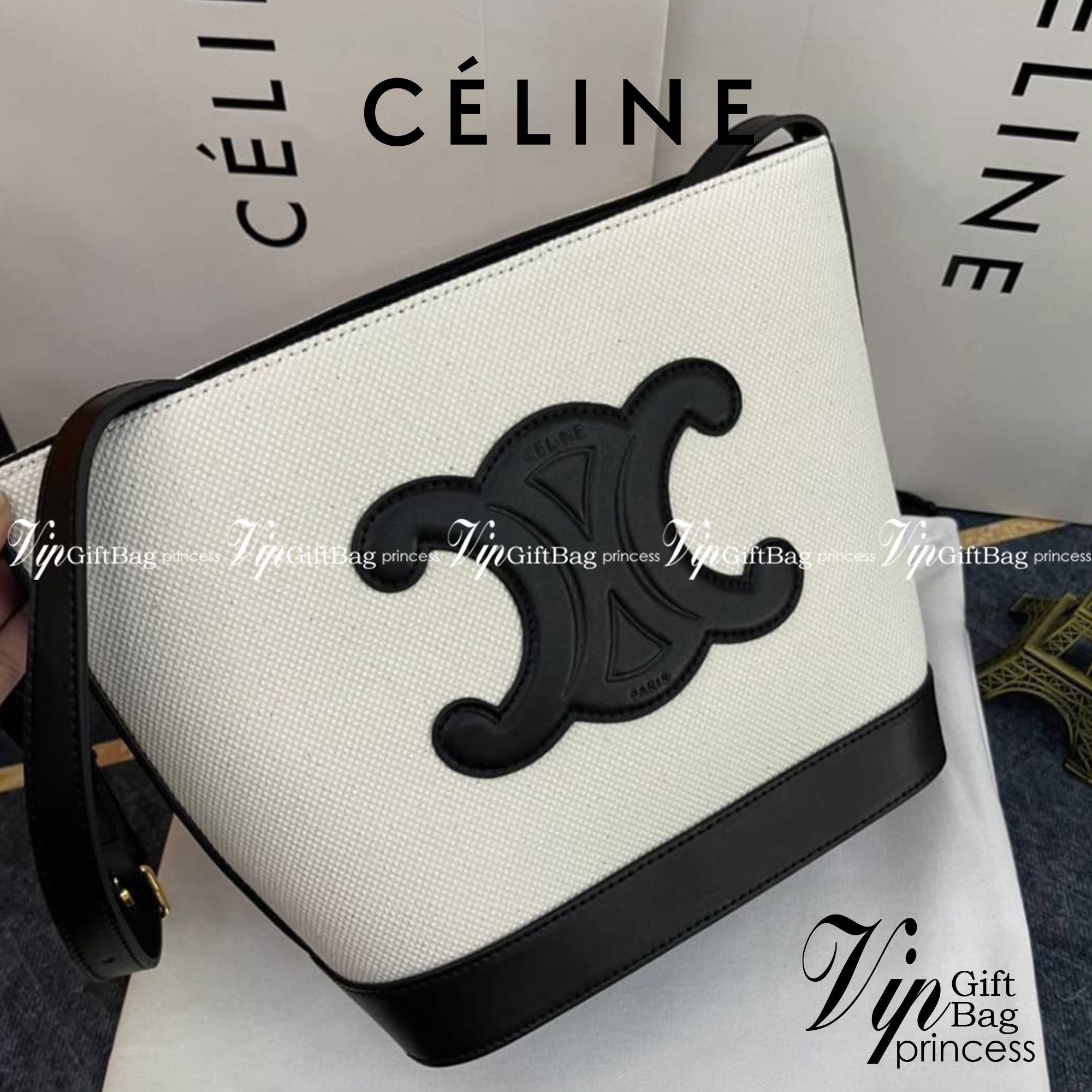 หนังแท้ CELINE SMALL BUCKET CUIR TRIOMPHE IN SMOOTH CALFSKIN / CELINE BUCKET BAG CUIR TRIOMPHE พร้อมส่งที่ไทย คอลเลคชั่นใหม่ ฮิตข้ามปี กับกระเป๋าสะพายทรงถัง ใช้งานง่ายที่สุด สายสะพายในตัว ปรับใช้ได้เลย วัสดุหนังวัว เรียบหรู ผู้ดีไปอีก โดดเด่นด้วยโลโก้เอกล