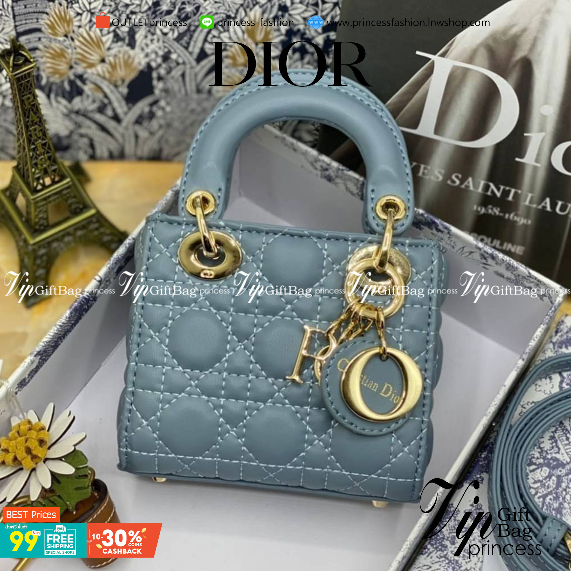 VIP 】หนังแท้ CHRISTIAN DIOR MICRO LADY DIOR BAG Cannage Lambskin