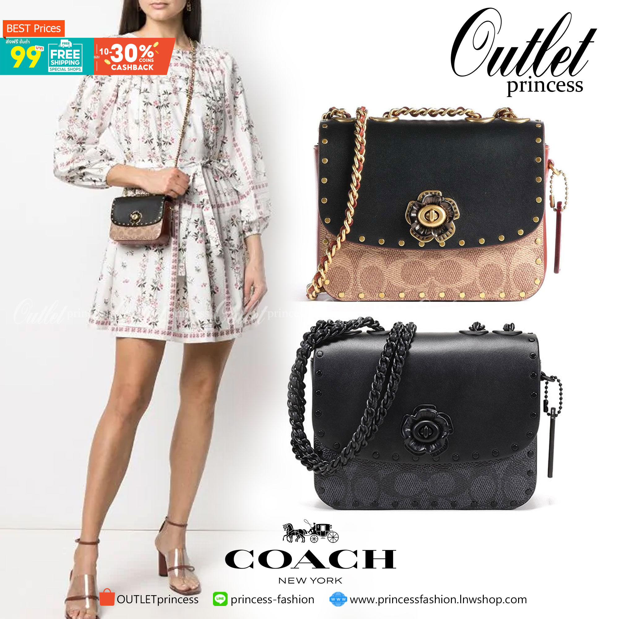 COACH C2462 MADISON SHOULDER BAG 16 IN SIGNATURE CANVAS WITH RIVETS (B4NQ4) กระเป๋าสะพายข้าง ไซส์กะทัดรัด พกพาง่าย น้ำหนักเบา ดีไซน์สวย โดดเด่นด้วยตัวล็อครูปดอกไม้ สีสันตกแต่งตัดกันกับลายซีอย่างลงตัว วัสดุหนังแคนวาสเคลือบลาย ภายในแบ่งสัดส่วนให้อย่างดี มาพ
