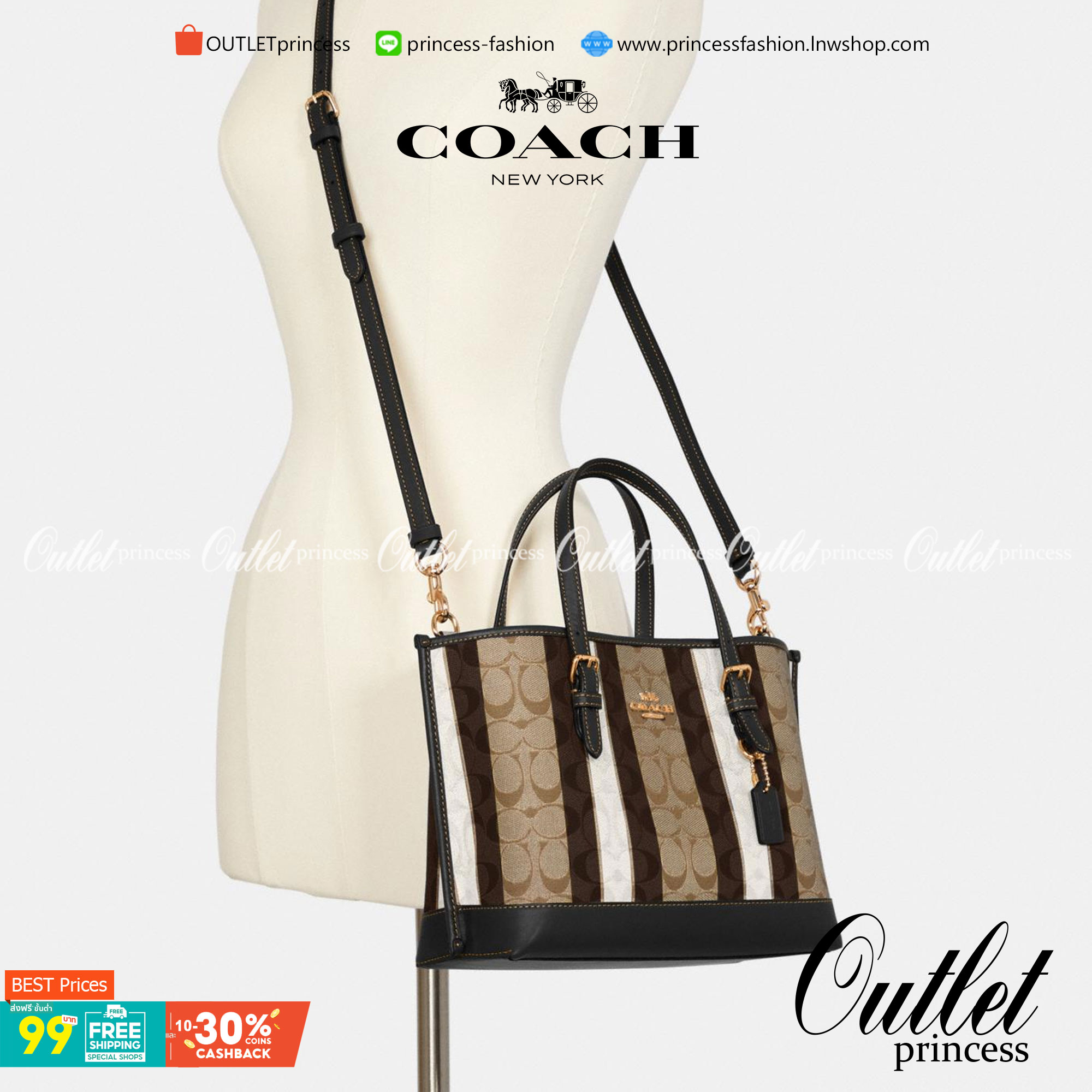 Coach Mollie Tote 25 In Signature Jacquard With Stripes กระเป๋าสะพายใหม่ล่าสุดจาก Coach Factory วัสดุ Canvas & Calfskin ดีไซน์ Casual เทคเจอร์สวยอยู่ทรงด้านหน้าประดับโลโก้แบรนด์ ภายในมีช่องแบ่งแยกเป็นสัดส่วน มีช่องซิปกลาง ใส่มือถือ กระเป๋าสตางค์ยาว ของใช้