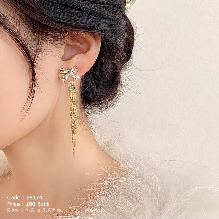 ต่างหูโบว์สีทองฝังเพชร cz ห้อยโซ่ยาว แยกใส่เฉพาะโบว์ได้