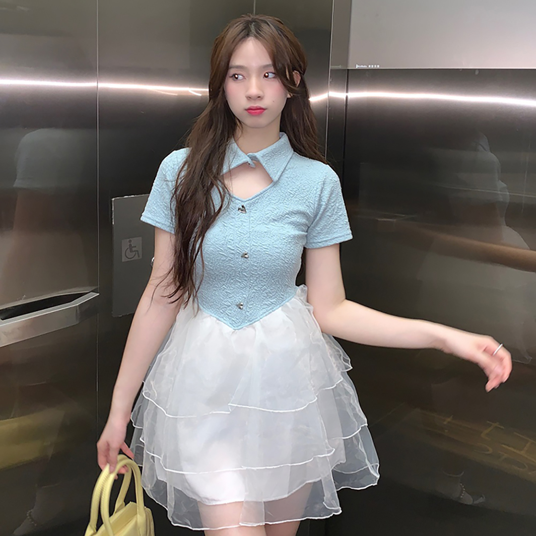 พร้อมส่ง 🧦🧺 Bonnie girl dress เดรสสีเทาแต่งกระโปรงสีครีม (IN37639)
