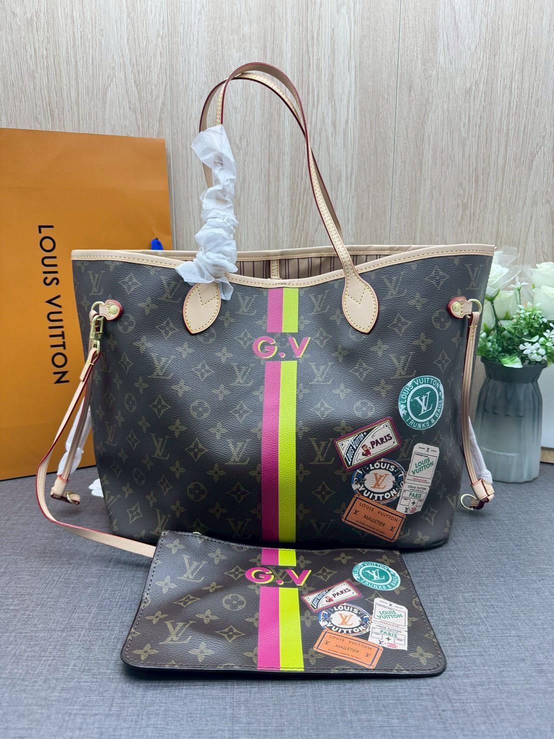 ORI หนังแท้ | LV Neverfull MM Mon Monogram Meridian / LV Tote Bag กระเป๋าสะพายทรงโท้ทใบใหญ่ ลายทางคาดหน้าสไตน์ท่องเที่ยว