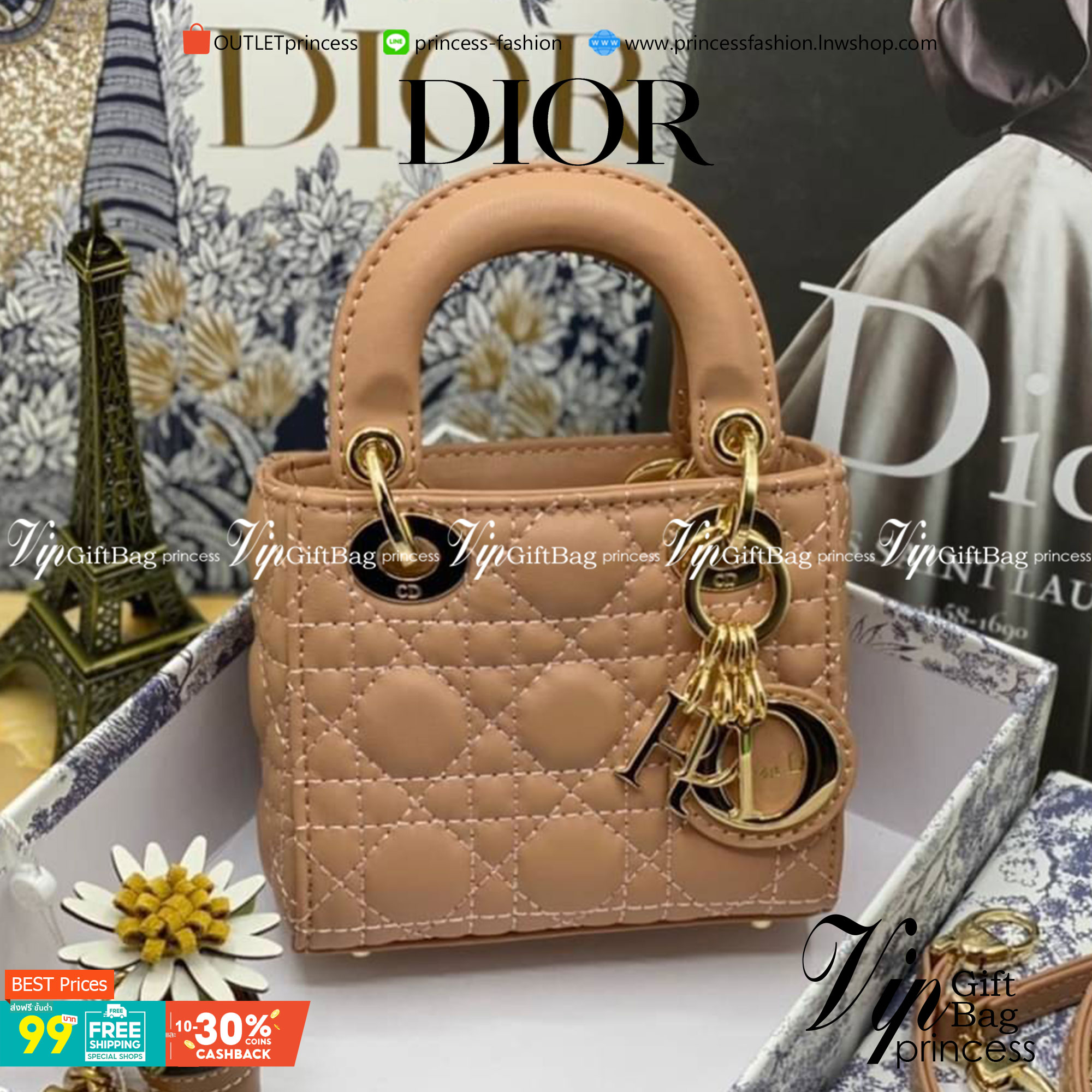 VIP 】หนังแท้ CHRISTIAN DIOR MICRO LADY DIOR BAG Cannage Lambskin