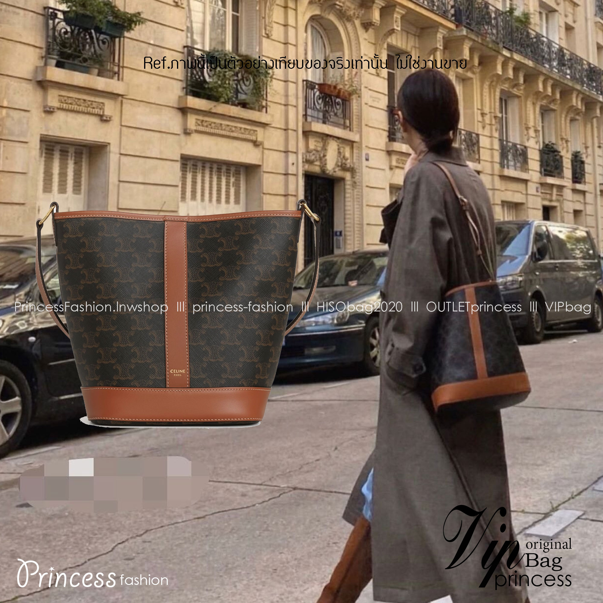 CELINE SMALL BUCKET IN TRIOMPHE CANVAS AND CALFSKIN เกรดท็อปออริ 1:1 เกรดดีสุด สลับแท้ หนังแท้และแคนวาสแท้ ใช้งานต่างประเทศได้ ภาพถ่ายจากงานจริง