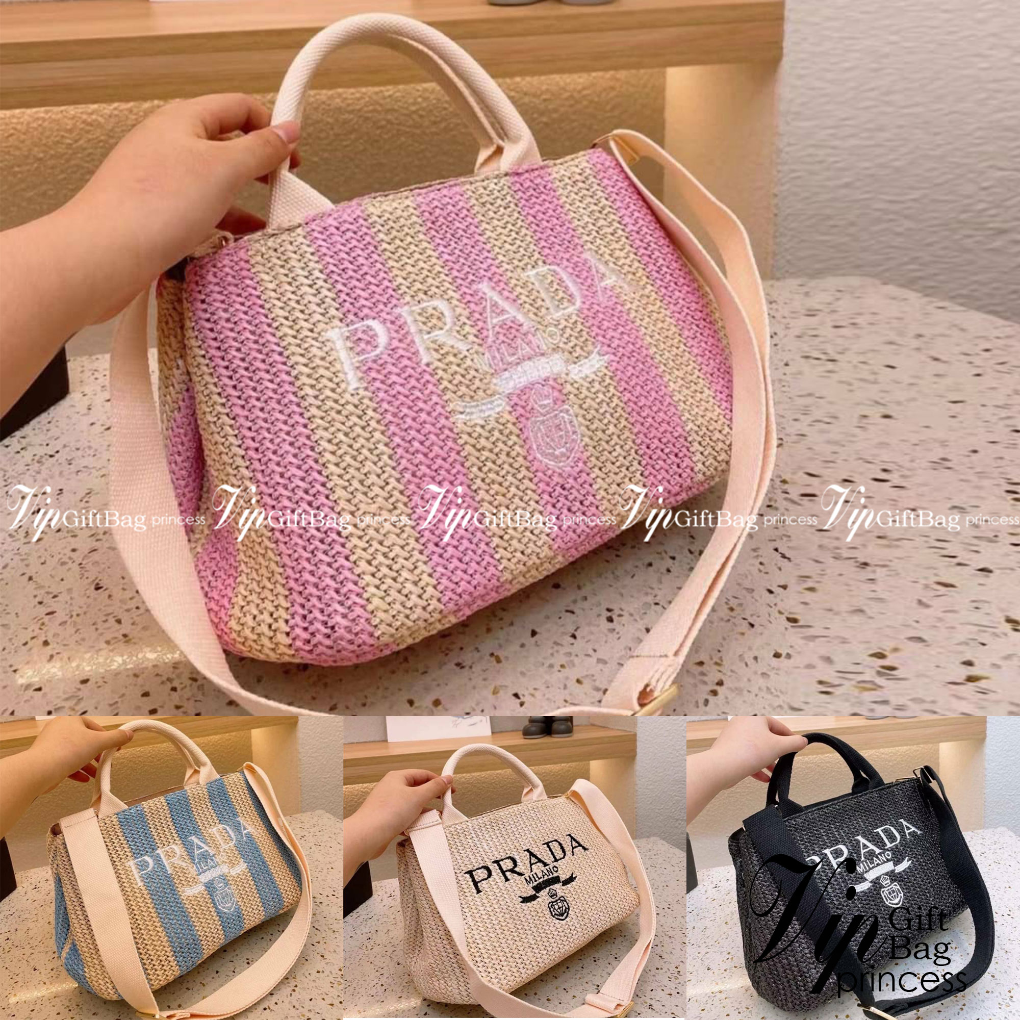 VIP 🥂 PRADA shopping summer bags / Prada Tote Bag 12" กระเป๋าสานสีโทนน่ารัก จุของได้เยอะ ภาพสินค้าถ่ายจากงานขายจริง พร้อมส่ง