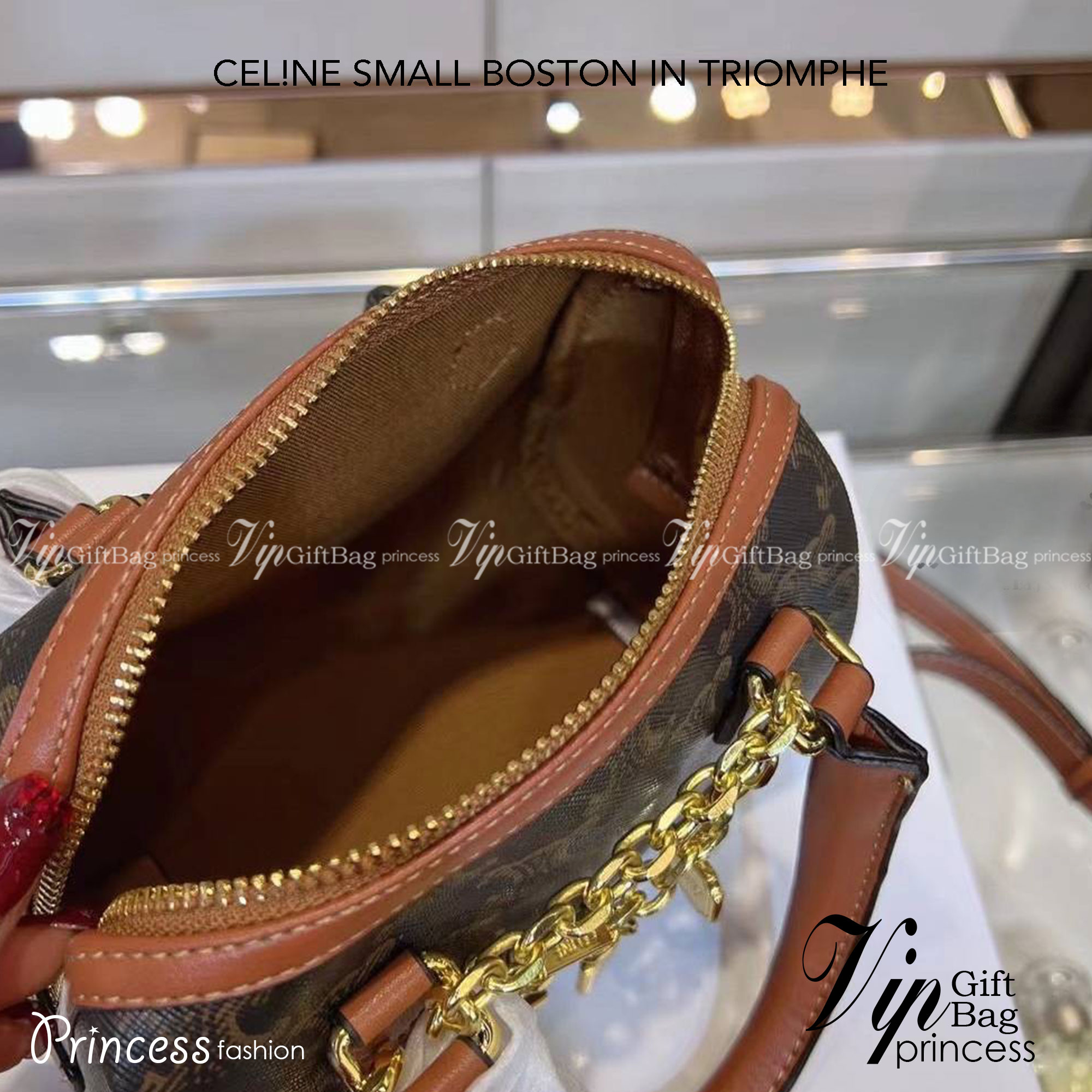 CELINE MINI BOSTON IN TRIOMPHE CANVAS / CELINE MINI CROSSBODY BAG VIP วัสดุแคนวาสหนังสวยอยู่ทรง ดีไซน์ยอดนิยมทรง Speedy ประดับสร้อย สายโซ่สีทองหรูเปิดปิดด้วยซิปคู่แบรนด์