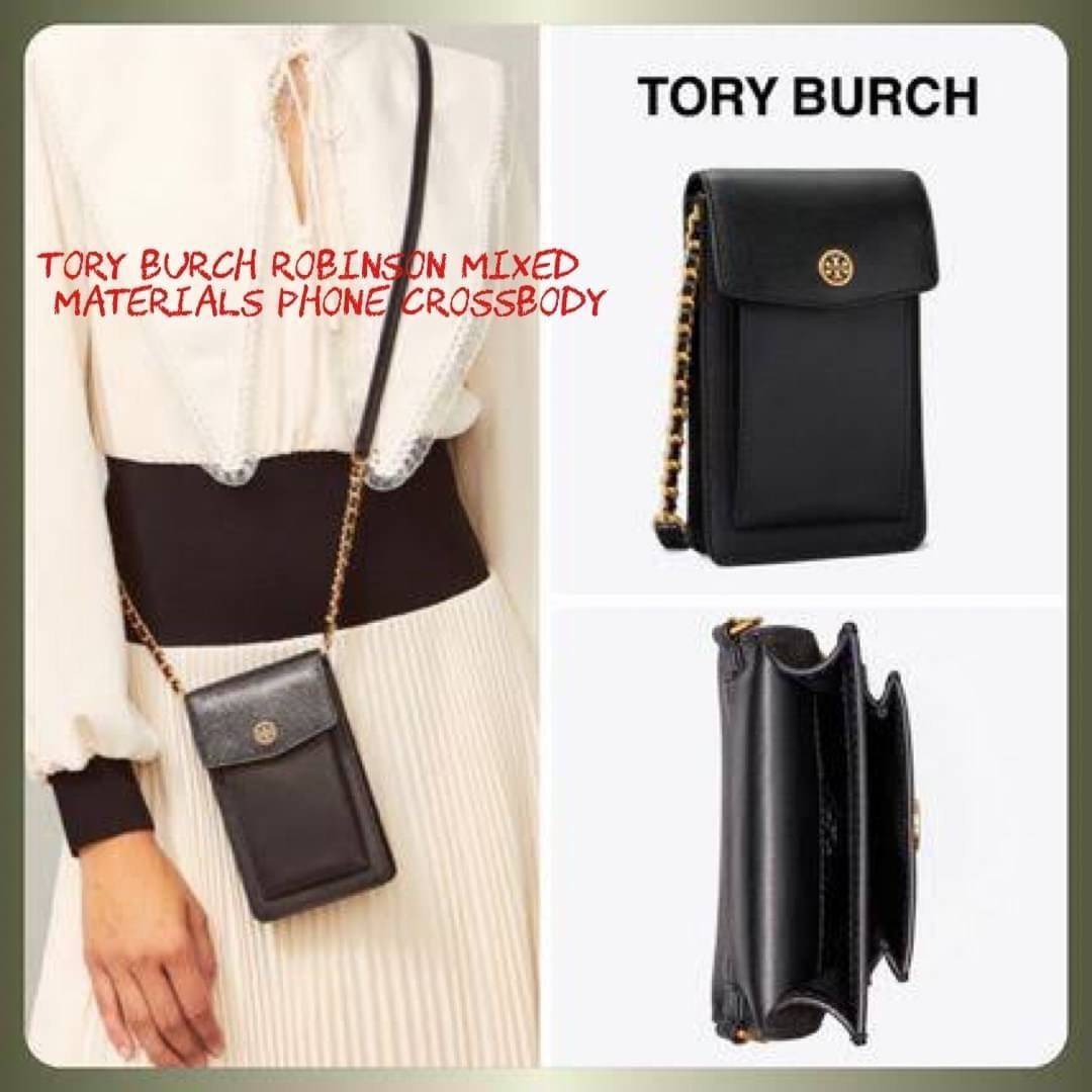 OUTLET 】Tory burch robinson mixed materials phone crossbody ไอเท็มหรูจากแบรนด์ดังอย่างTory burch อีกแบรนด์สุดคลาสสิกที่มีทั้งความเท่และความเรียบหรูลงตัว กับรูปทรงแบบมินิมอลสีเหลี่ยมมุมโค้งเรียบ ๆ ดีไซน์ฝาพับปิดกระเป๋าได้มิดชิด ยังมีลักษณะที่แนบกับตัวผู้ใช