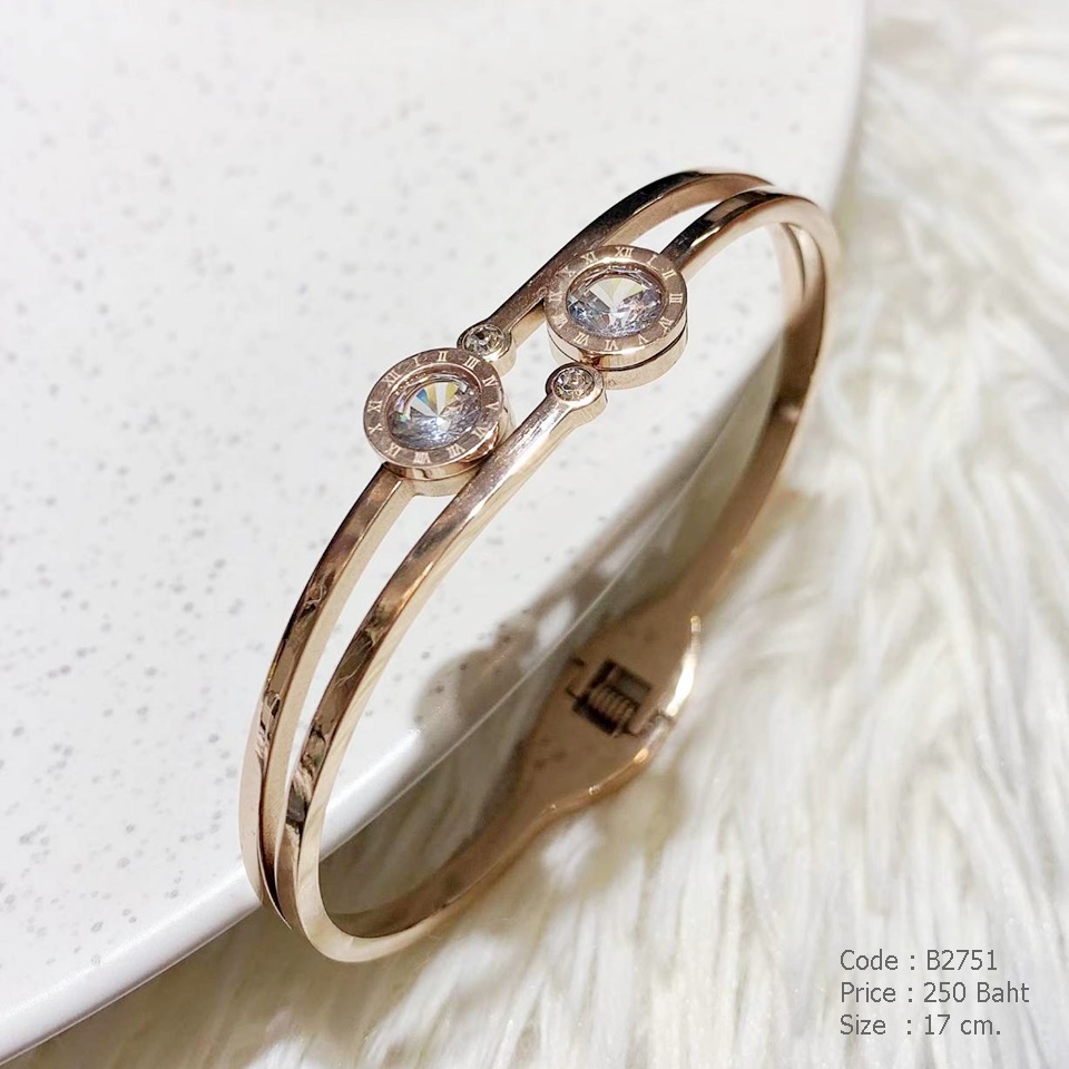 กำไลข้อมือทรงวงรีสีพิงค์โกลด์ สแตนเลสแท้ ฝังคริสตัล