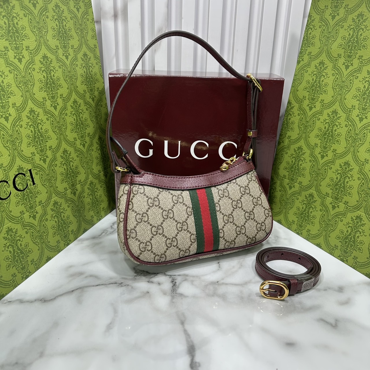 8" ORI หนังแท้ | Gucci Ophidia mini shoulder bag GG Monogram Double G / Gucci Hobo Bag กระเป๋าสะพายทรงโฮโบขนาดมินิ