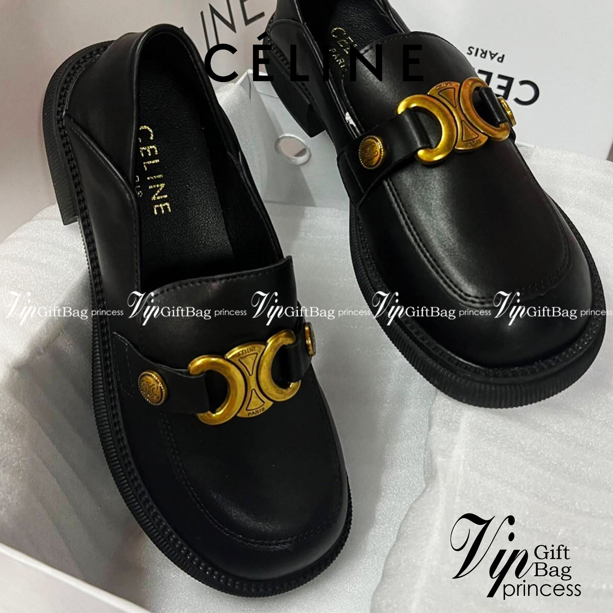 หนังแท้ CELINE LOAFER TRIOMPHE BLACK CALFSKIN LINING / Celine Shoes ภาพสินค้าถ่ายจากงานขายจริง ใช้งานต่างประเทศได้