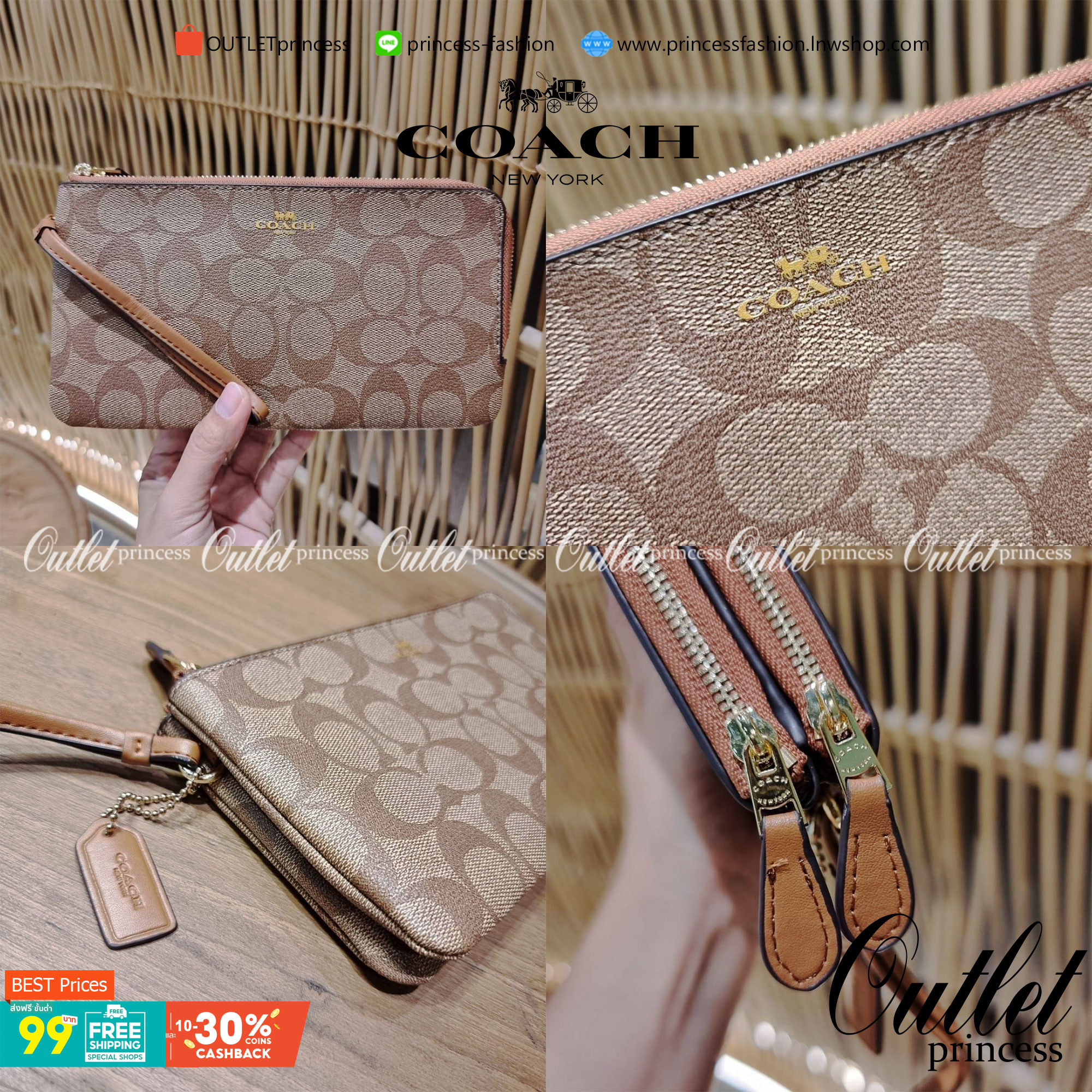 COACH F54057 DOUBLE ZIP WALLET IN SIGNATURE กระเป๋าคล้องมือ size L ใบนี้ใส่มือถือได้ทุกรุ่น ขนาดกำลังดี พกพาสะดวกมากๆ วัสดุหนังสังเคราะห์ ภายในเป็นผ้าสีสวยคม ใส่ธนบัตร ใส่บัตรได้เยอะ ใส่มือถือได้สบายๆทุกรุ่น ตอบโจทย์สาวๆที่ไม่ชอบพกเยอะวุ่นวายจ้า ใบนี้เอาอ