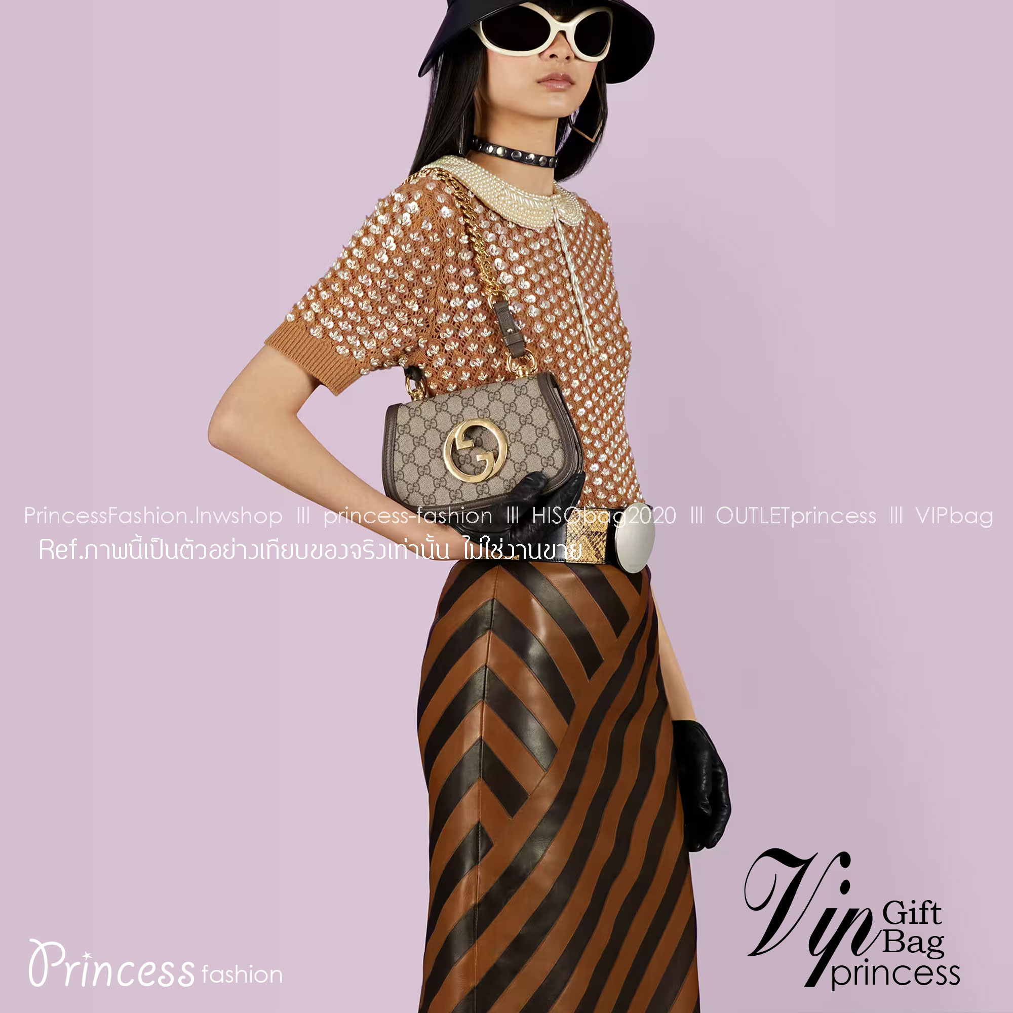 GUCCI Blondie mini shoulder bag / Gucci pouch เกรดออริจินอล ภาพสินค้าถ่ายจากงานขายจริง ใช้งานต่างประเทศได้ Interlocking G ในรูปแบบเรขาคณิต ฮาร์ดแวร์โทนสีทองช่วยเพิ่มความวินเทจให้กับสไตล์