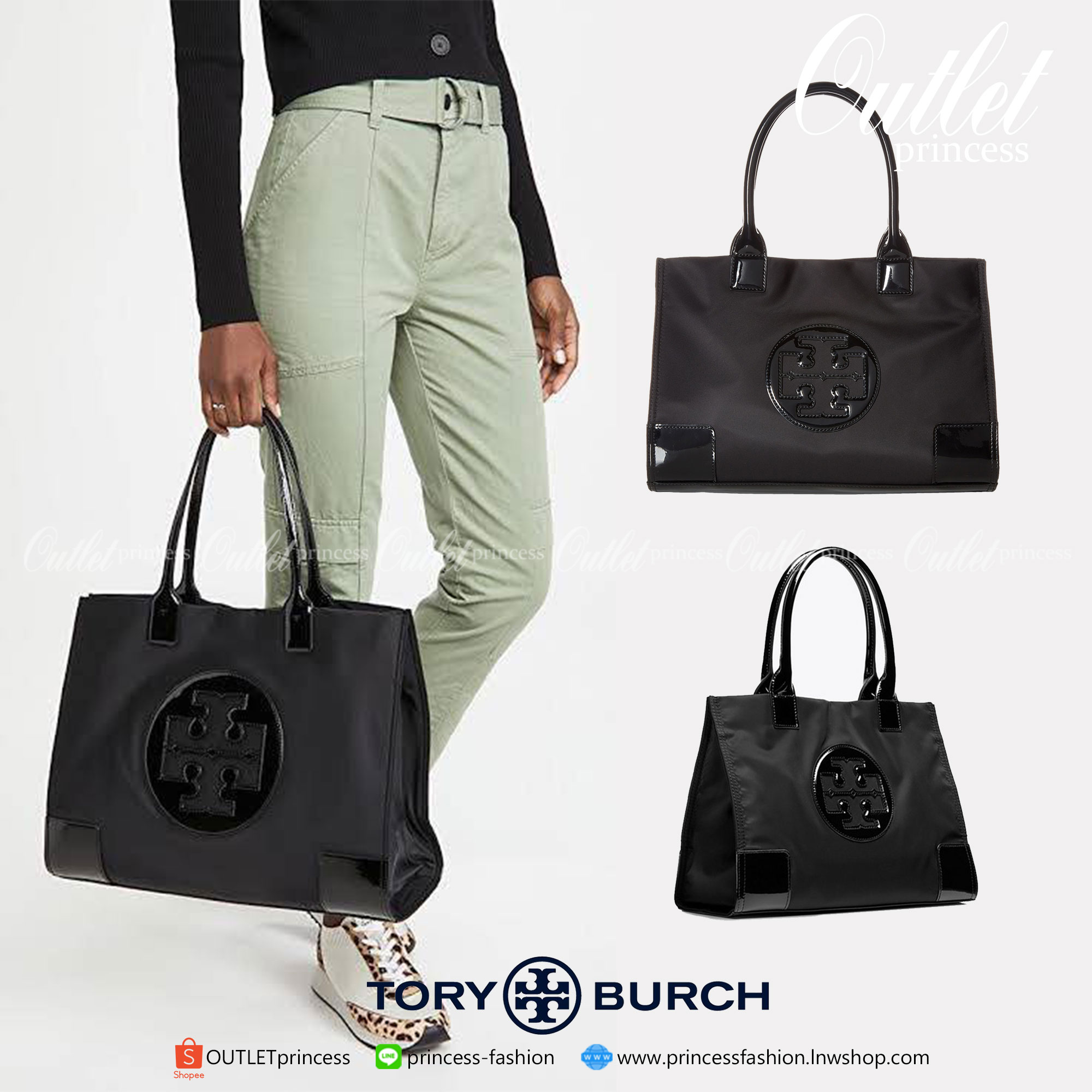 TORY BURCH ELLA PATENT MINI TOTE TOTE BAG กระเป๋าทรง SHOPPING วัสดุ NYLON ทั้งใบตัดด้วยหนังแก้วเงาสีดำ