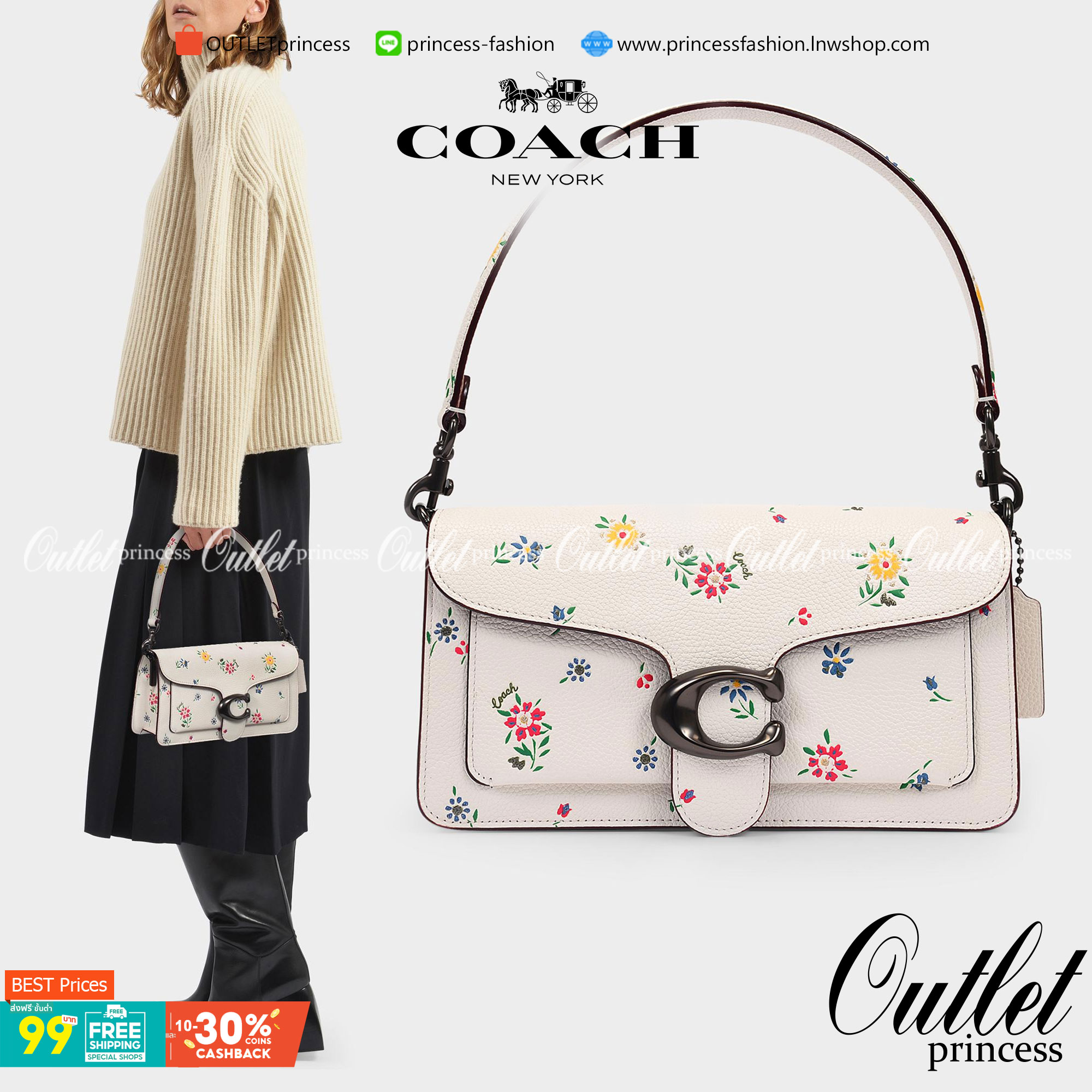 OUTLET 】รุ่นหายาก รุ่นตามหา ห้ามพลาดค่ะ! COACH TABBY FLORALPRINT ((B2081-630)) Wildflower-print Leather Shoulder Bag In White พร้อมส่งอีกครั้งค่ะ! กระเป๋าหิ้ว//สะพายไหล่//สะพายข้างได้หรือถือแบบคลัทออกงานได้เลย สุดคุ้ม! หนังแท้นิ่มอย่างดี 🌸 จุดเด่น