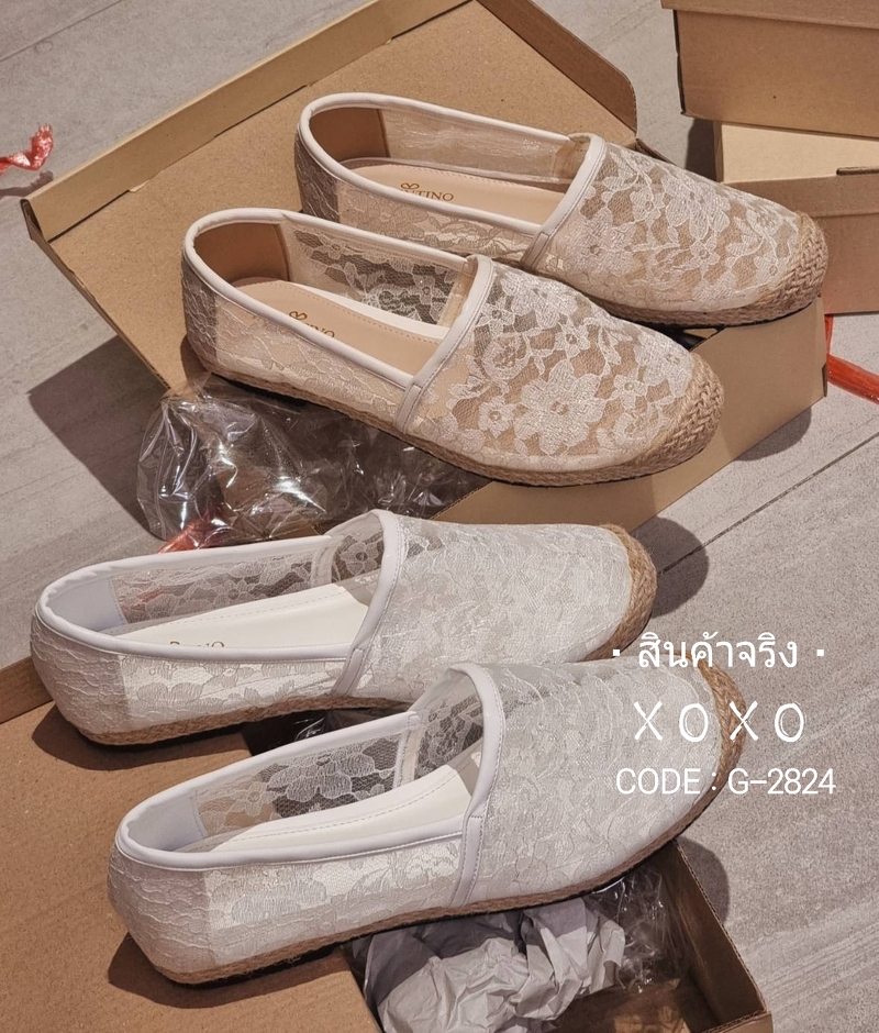 Valentino คัชชู ลูกไม้ ใส่สบาย ไม่อัพ หน้ากว้าง แมทส์ชุดง่าย น้ำหนักเบา ขอบรอบแต่งเชือกปอฟาง สวยเก๋