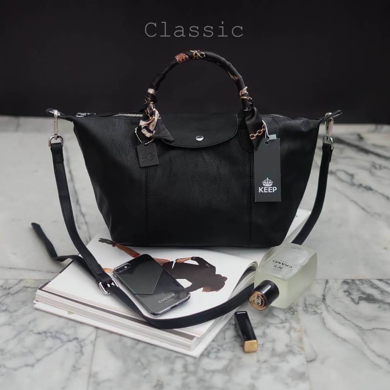 รุ่นขายดี Must Have มาเพิ่มละคะ 🐼 KEEP ทรง longchamp รุ่น Duo Sister - สี Classic black ตัวกระเป๋าหนังแกะสังเคราะห์ ลายหนังสวยมากๆคะ นิ่ม สุดๆ