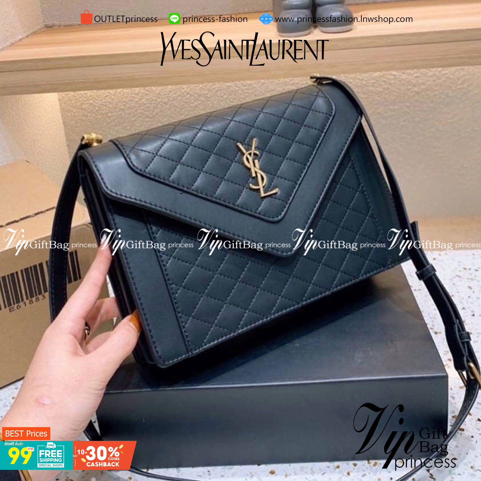 VIP 】YSL SAINT LAURENT Black Lambskin Quilted Gaby Satchel กระเป๋าสะพายทรงแมสเซนเจอร์ เปิดหน้าอะไหล่ทองหรูมากค่ะ วัสดุหนังแท้ Calfskin ทรงสี่เหลี่ยมหนังสวยหรูอยู่ทรงเปิดปิดด้วยฝาปิดโลโก้แบรนด์อะไหล่ทอง ภายในโล่งกว้าง สามารถใส่มือถือของใช้จุกจิกได้เยอะ สาย