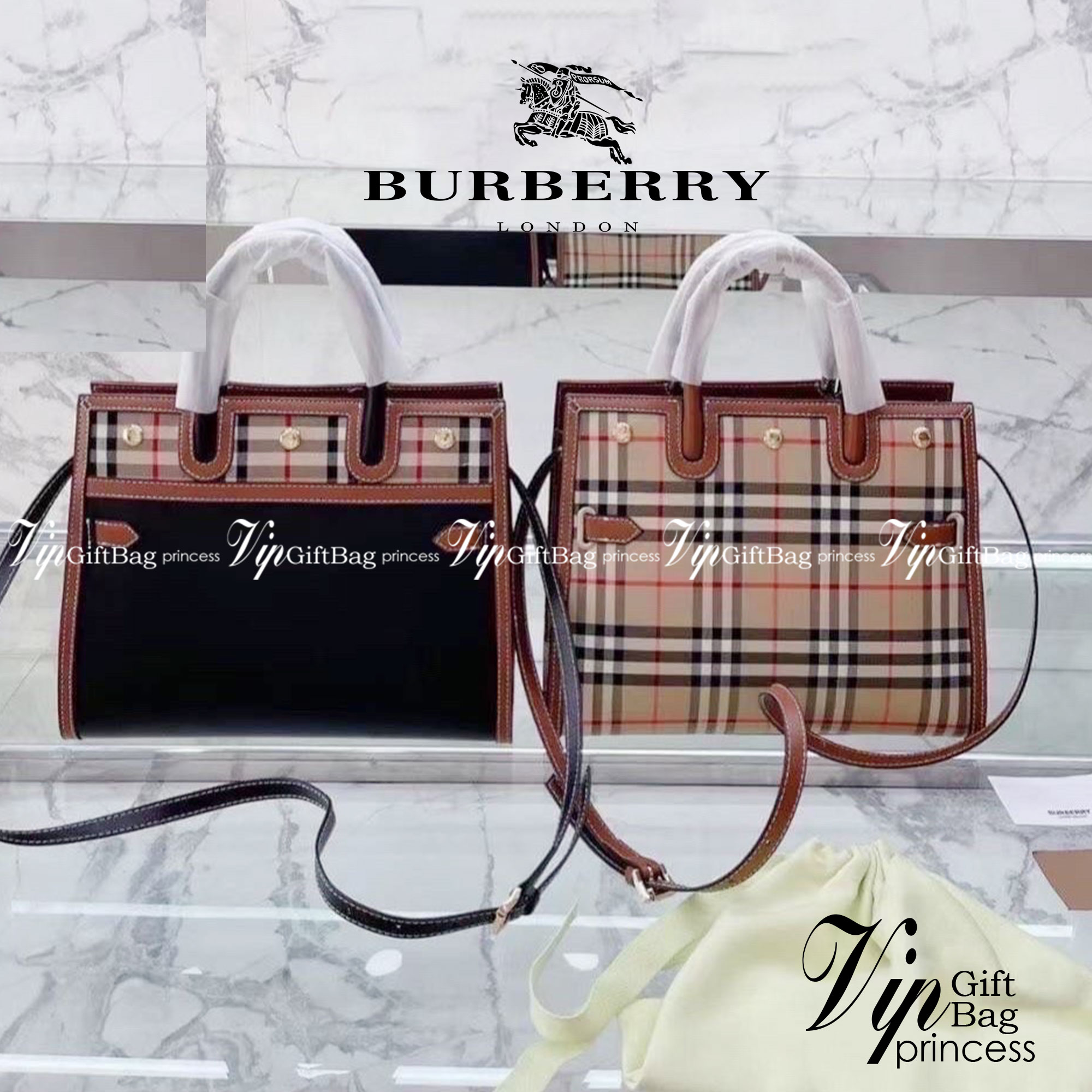 BURBERRY Women Vintage Check Two-handle Title Bag / BURBERRY Leather and Vintage Handle Bag อีกหนึ่งไอเท็มหายาก วัสดุ Leather Calfskin ลายวินเทจประดับกระดุมทองสวยหรูดีไซน์คลาสสิคคงไว้ซึ่งเอกลักษณ์แบรนด์ด้านข้างคาดด้วยสายหนังแท้ปรับทรงได้ หูจับหนังแท้แข็งแ