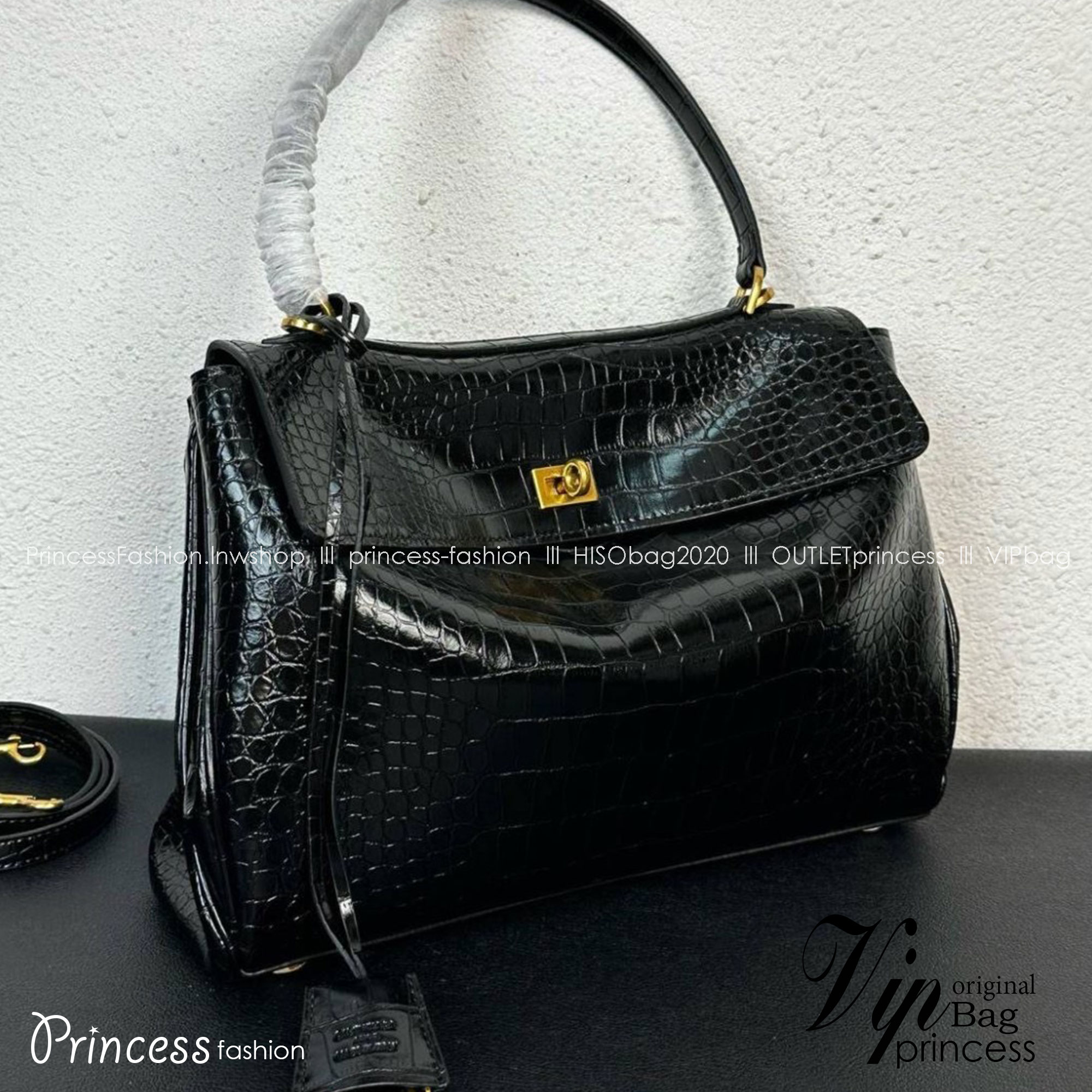 Top ORI Balenciaga RODEO LARGE HANDBAG CROCODILE EMBOSSED IN BLACK กระเป๋าถือใบใหญ่ สวยหรูด้วยหนังลายจรเข้ เกรดออริ 1:1