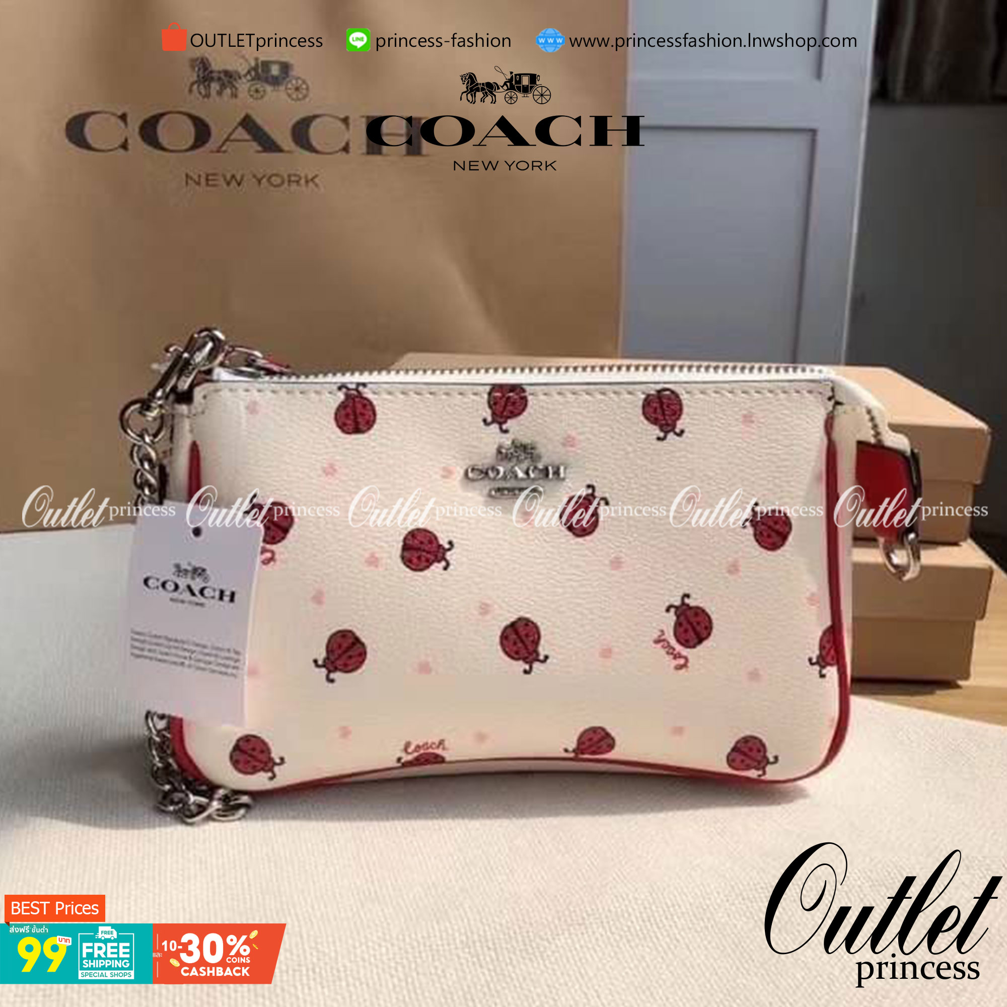 OUTLET 】Coach Signature Top Handle Coach Pouch with Strawberry, Watermelon, Ladybug พร้อมส่งที่ไทย เป็นอีกรุ่นหนึ่งที่ได้รับความนิยมในหมู่สาว ๆ ค่ะ นอกจากราคาจะไม่สูงแล้ว ยังมีรูปทรงที่น่าสนใจอีกด้วย กะทัดรัดแต่ใช้งานง่าย เหมาะกับทุกโอกาส สำหรับกระเป๋าคล้